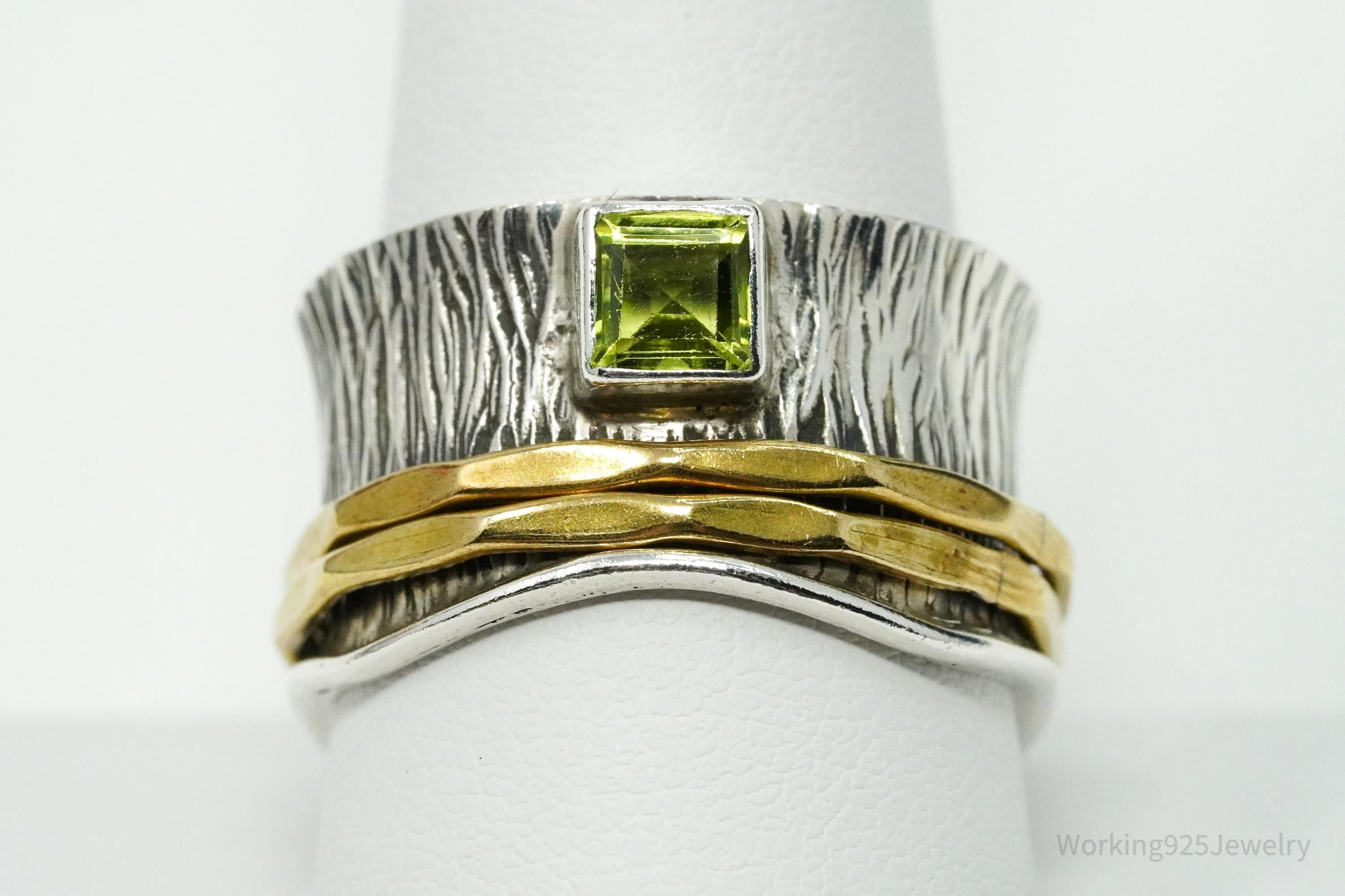 Vintage Peridot Brass Sterling Silver Spinner Band Ring- Size 10.75