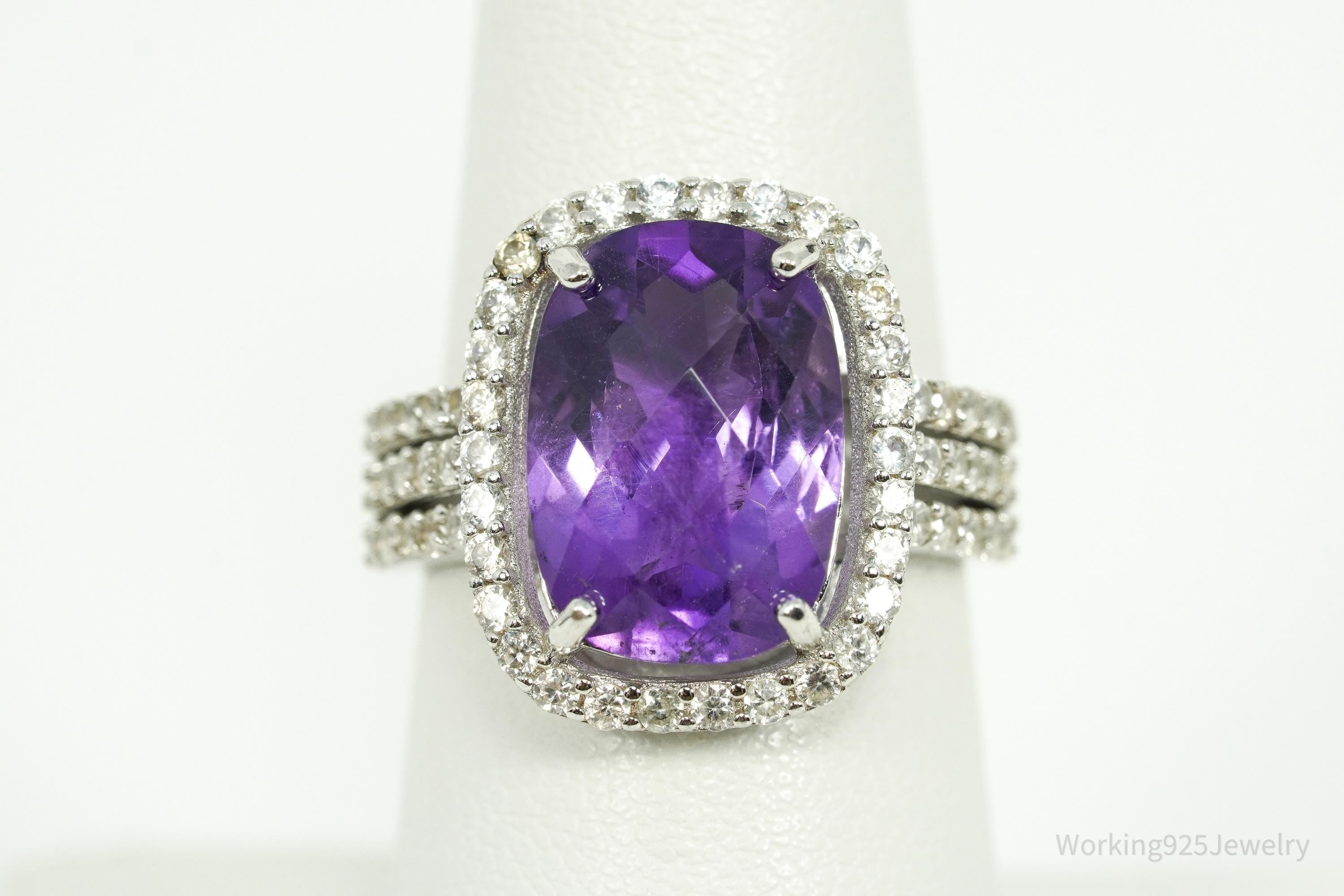 Vintage Amethyst & White Topaz Sterling Silver Ring - Size 7