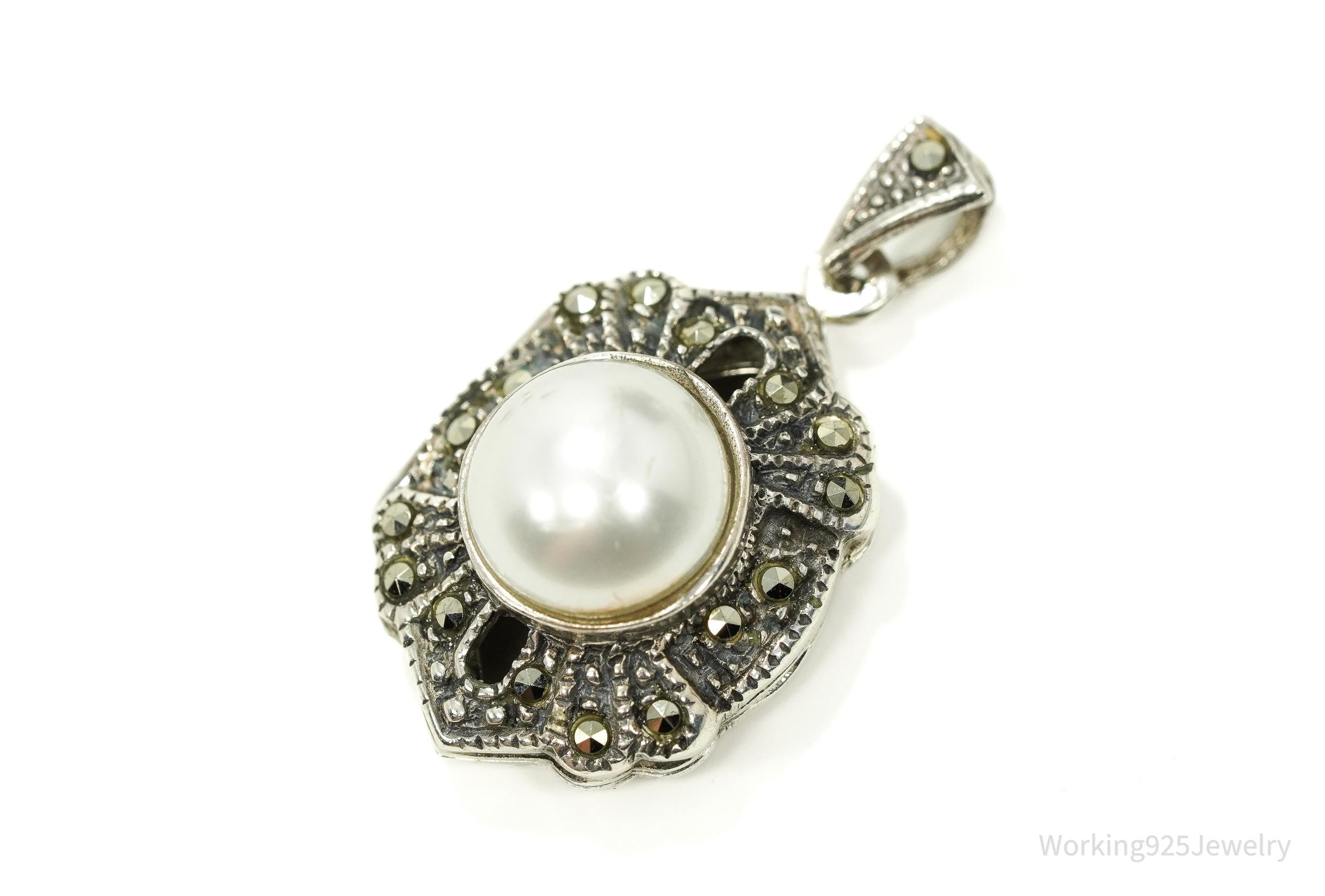 Vintage Pearl & Marcasite Art Deco Locket Sterling Silver Pendant