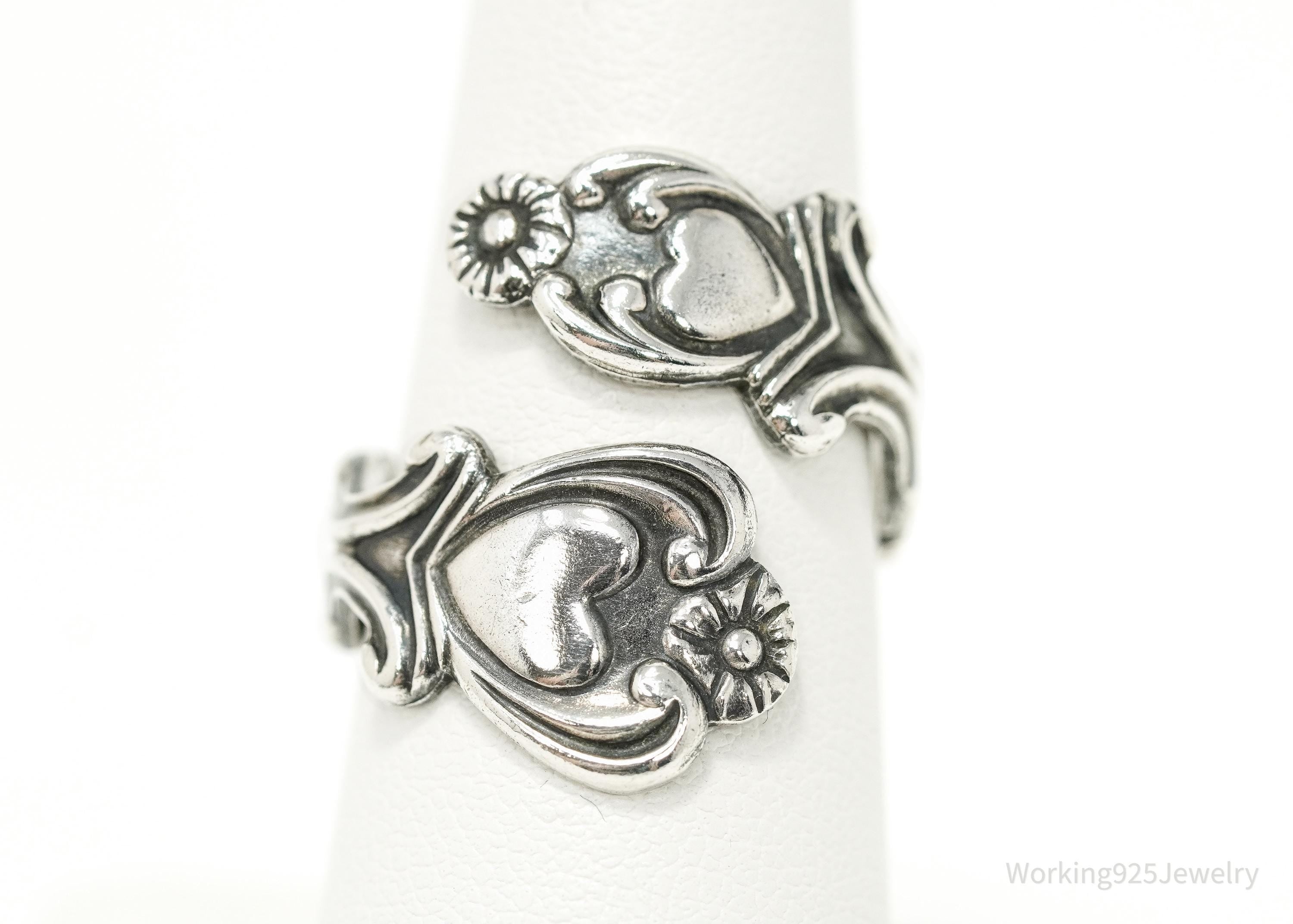 Vintage Avon Hearts & Flowers Sterling Silver Adjustable Wrap Spoon Ring - Size 7.5