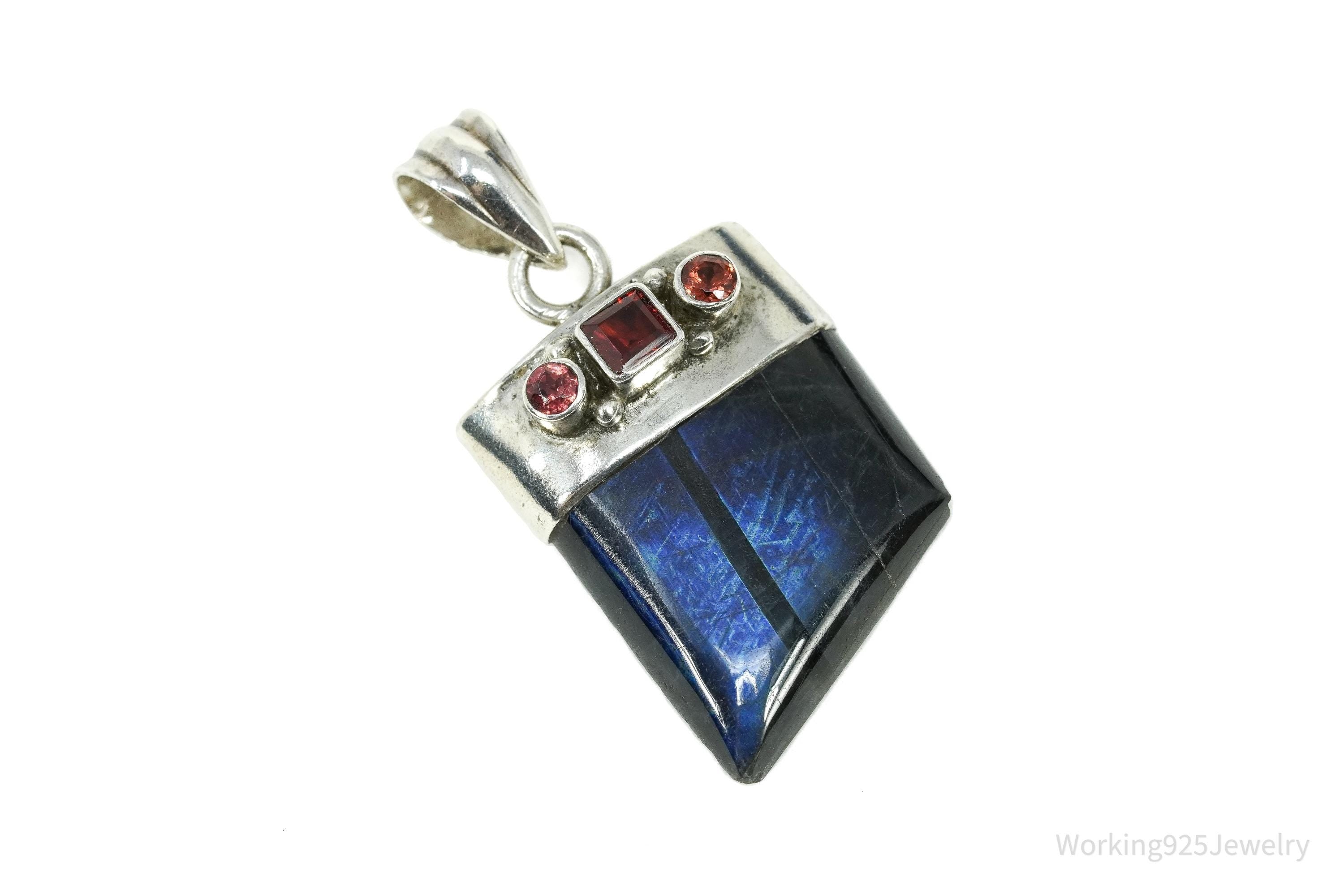 Vintage Labradorite & Garnet Sterling Silver Necklace Pendant 1 5/8"