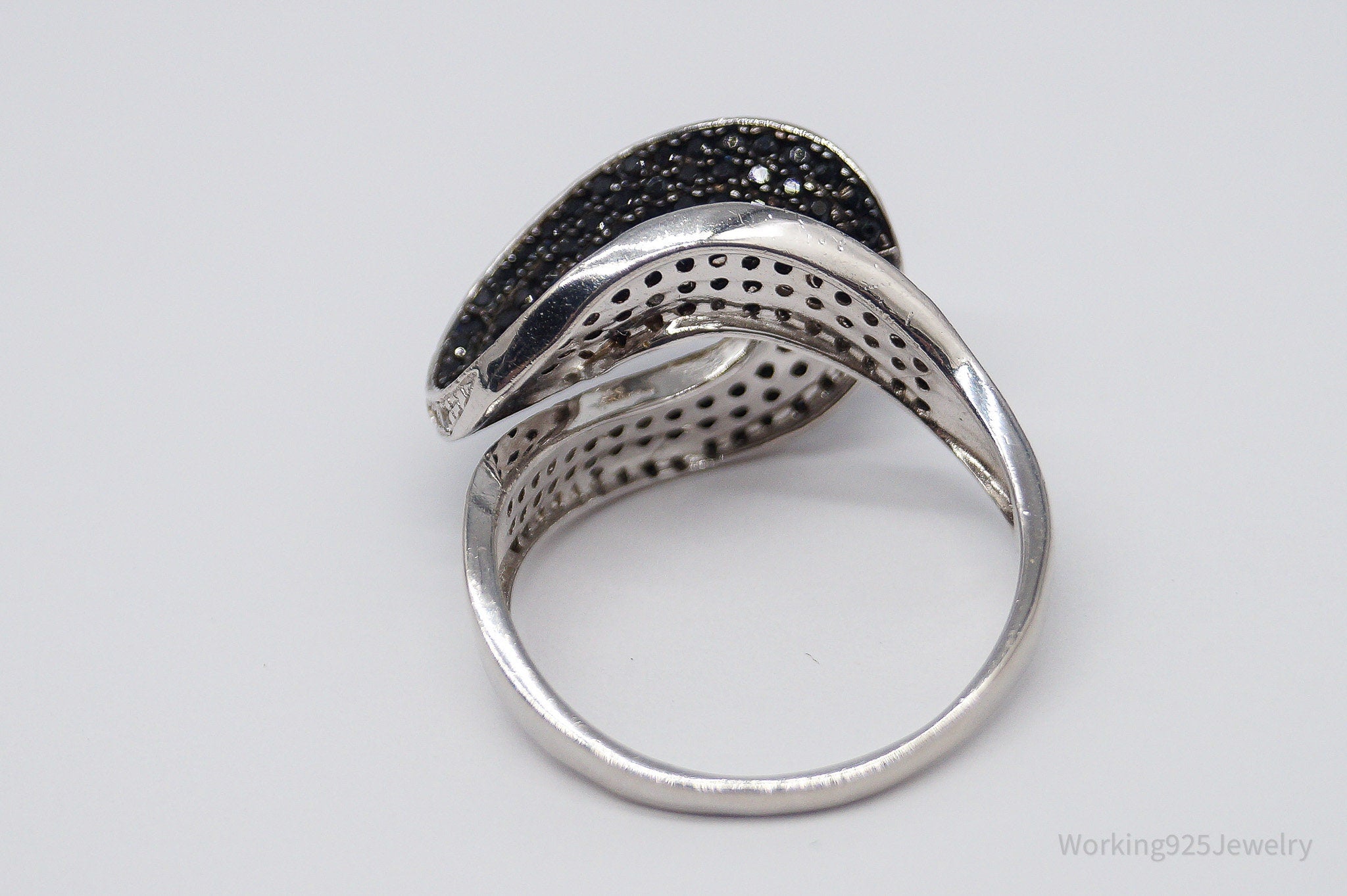 Vintage Black Tourmaline & White Topaz Sterling Silver Ring - Size 12