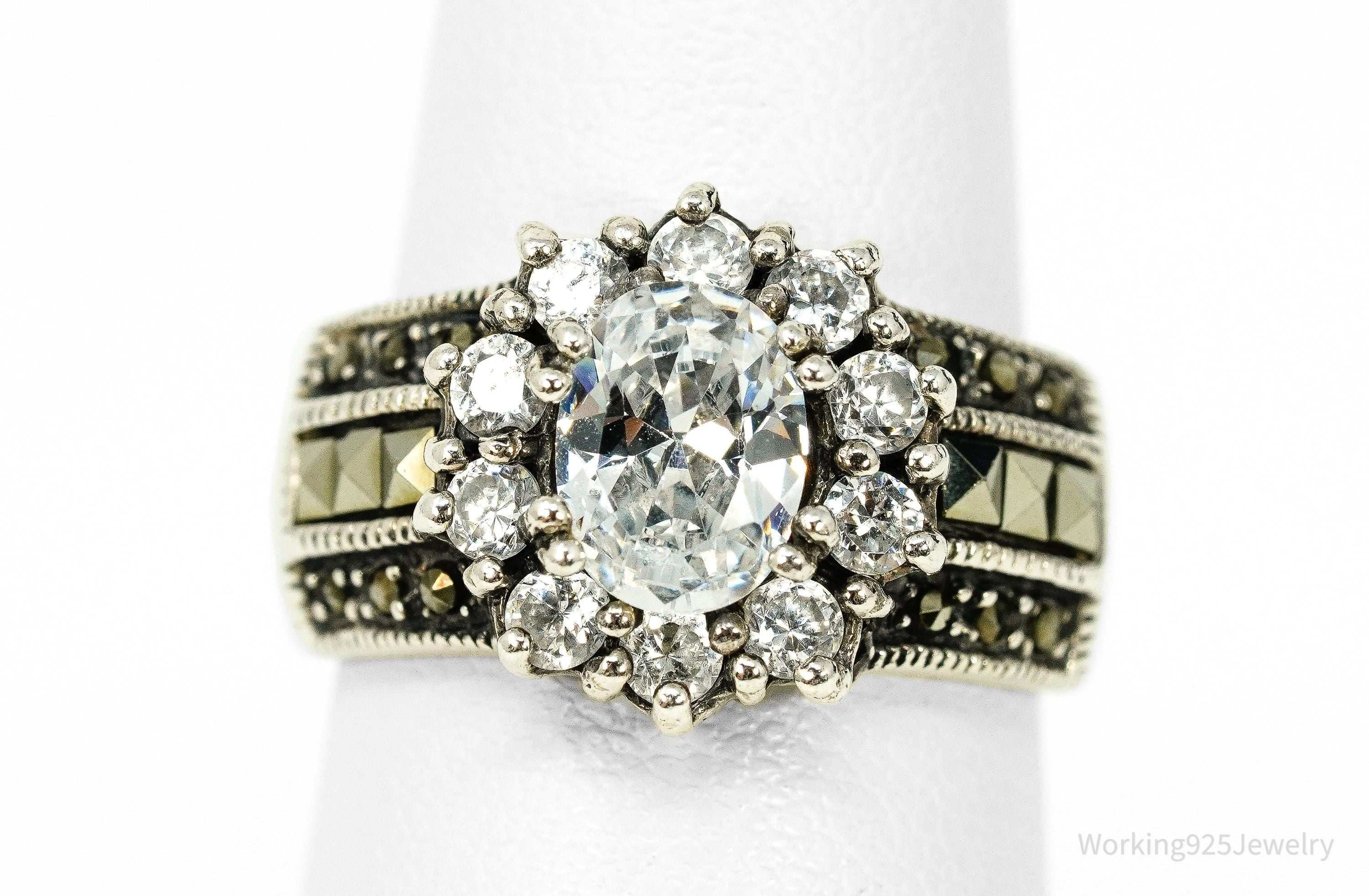 Vintage Cubic Zirconia & Marcasite Sterling Silver Ring Size 6.75