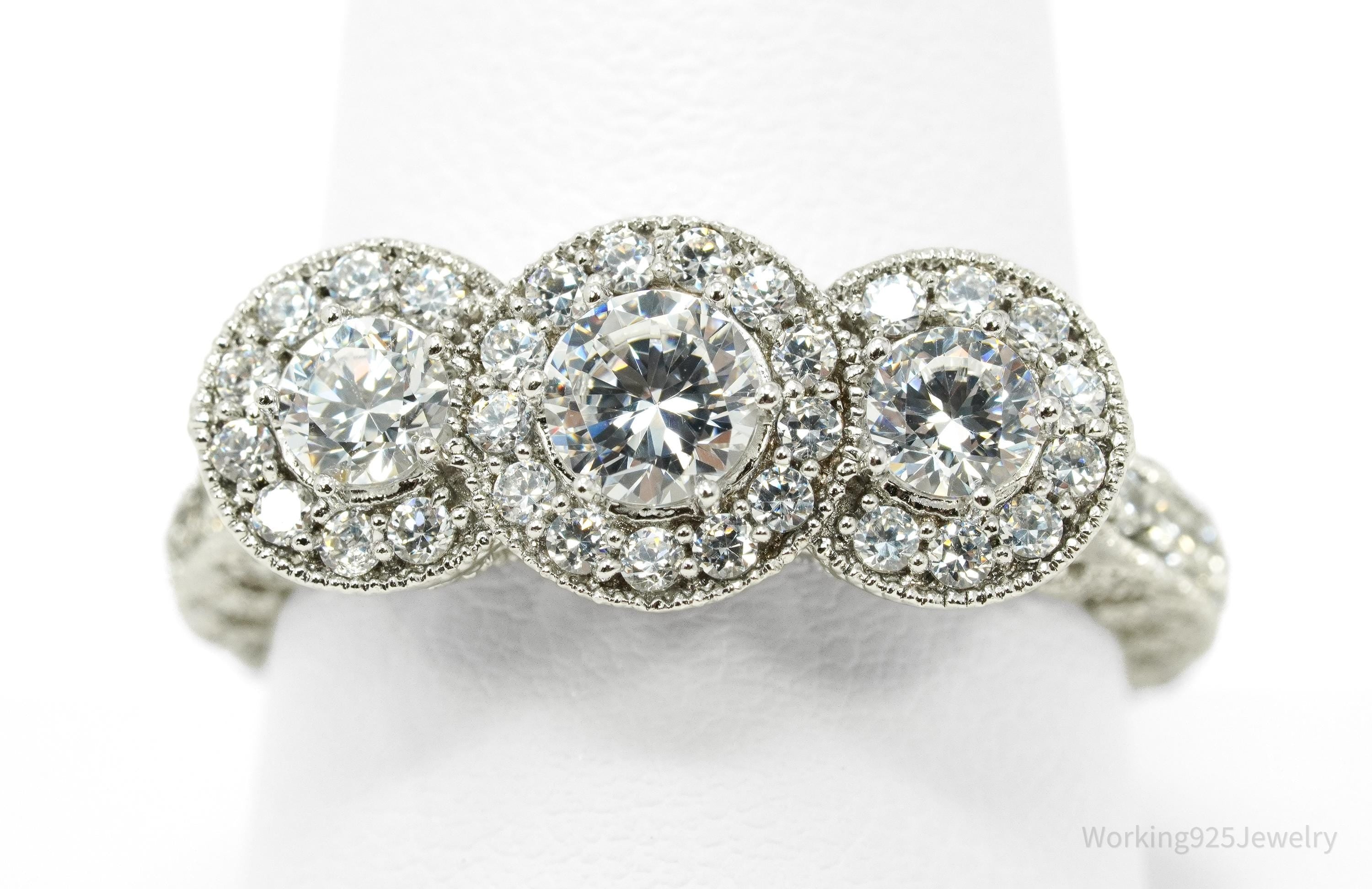 Designer STAUER Three Stone Halo Cubic Zirconia Sterling Silver Ring - Size 10
