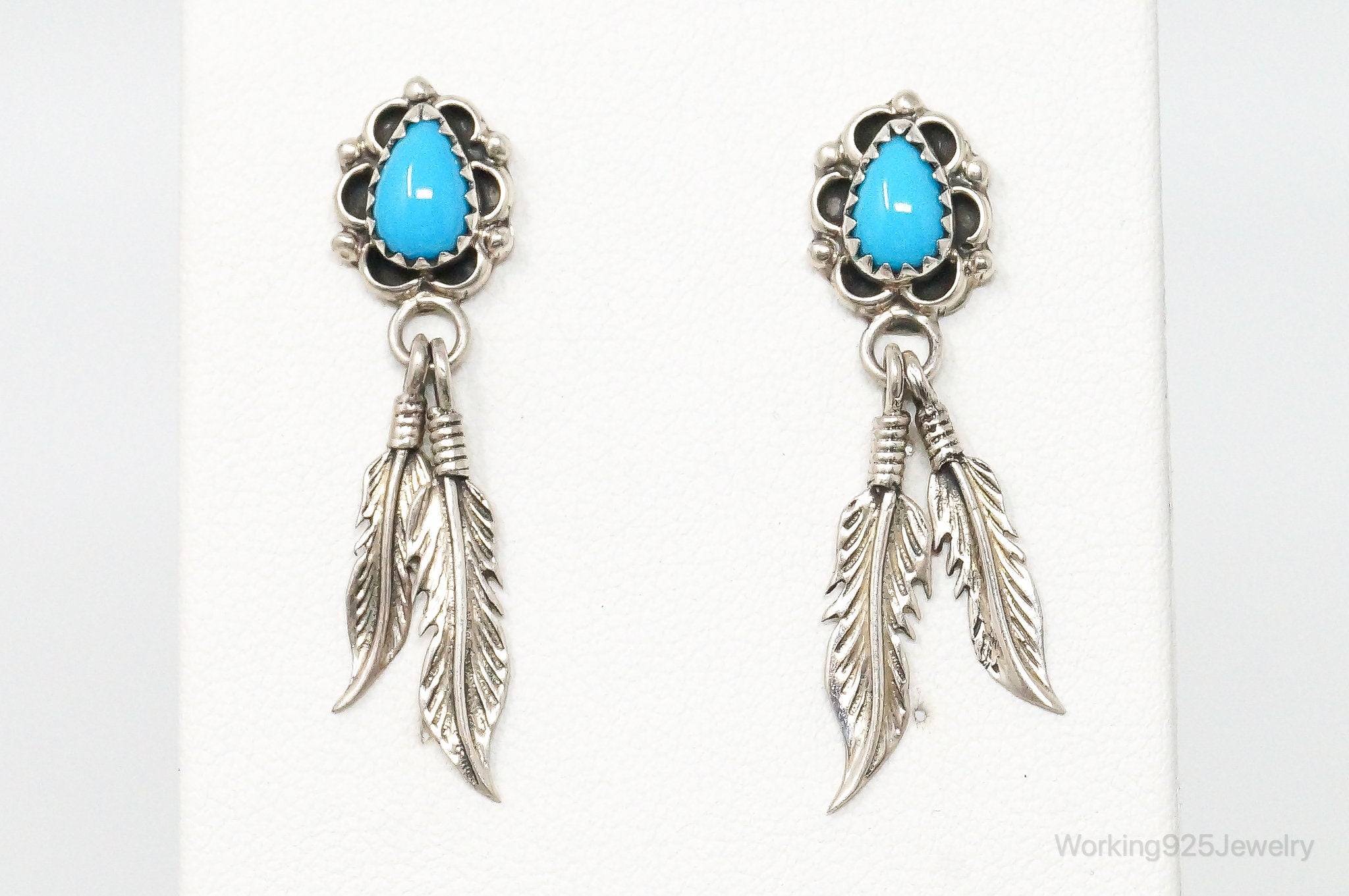 Vtg.Native sterling outlet silver turquoise feather screwback earrings