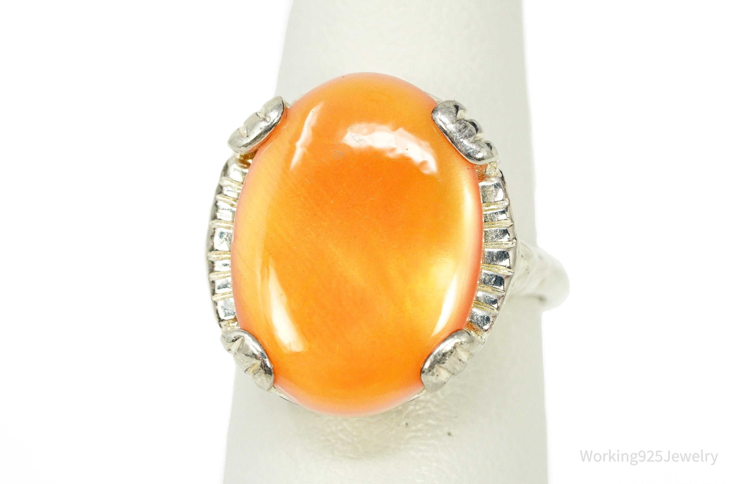 Vintage Orange Mother Of Pearl Sterling Silver Ring - Size 5
