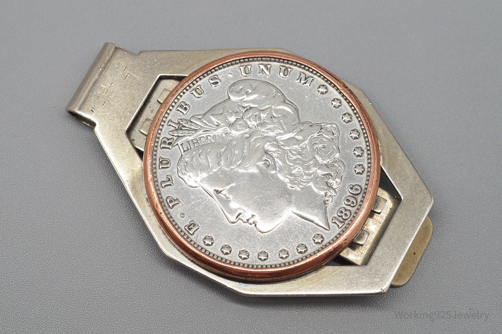 Antique 1896 Morgan Silver Dollar Coin Bell Trading Post Nickel Silver Money Clip