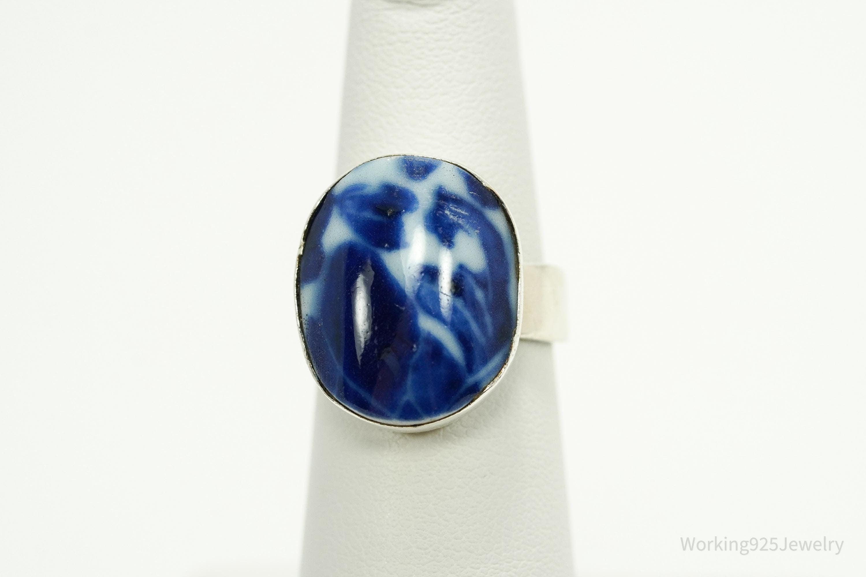 Vintage Porcelain Modernist Style Sterling Silver Ring - Size 6.25