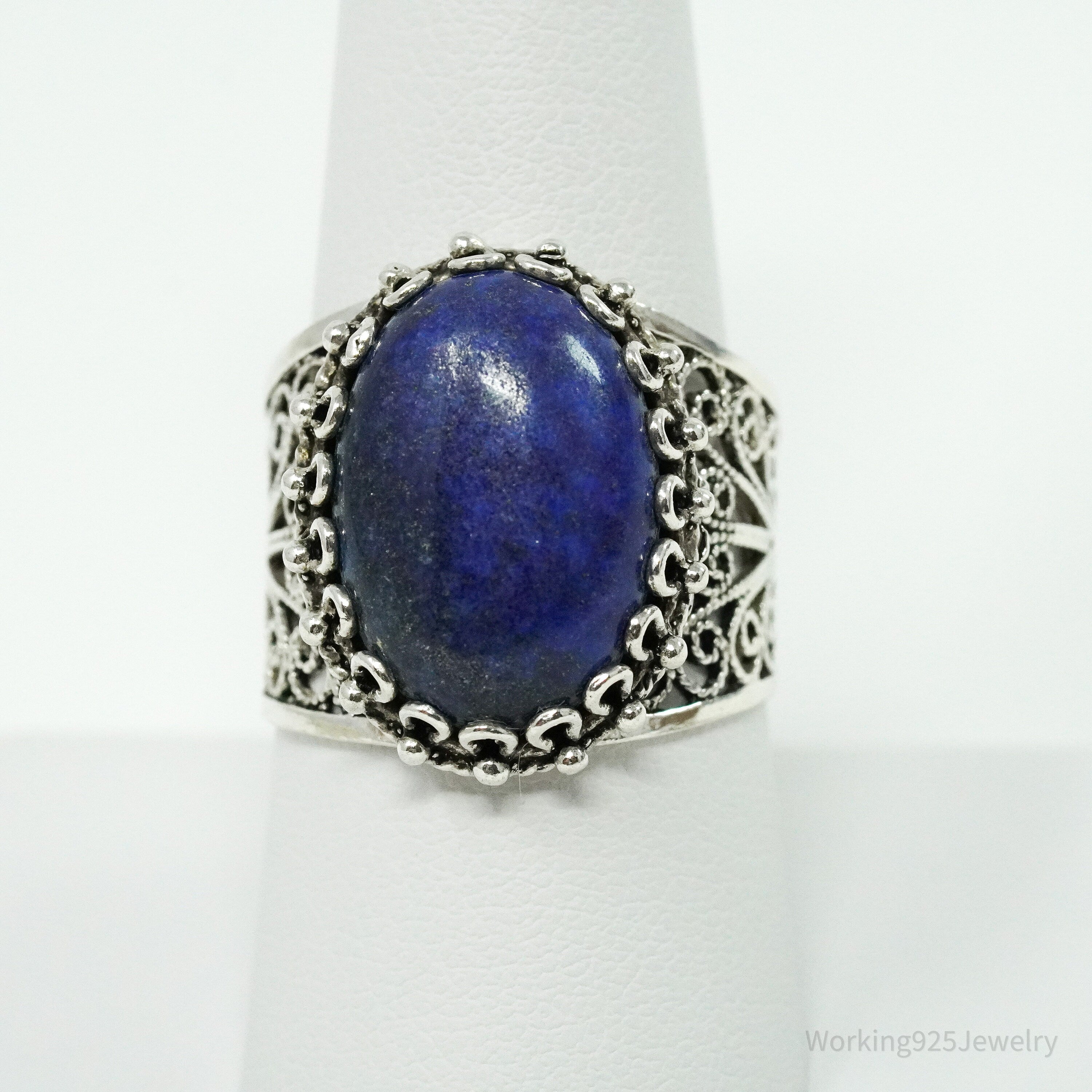 Vintage Designer DGS Lapis Lazuli Filigree Sterling Silver Ring - Size 9