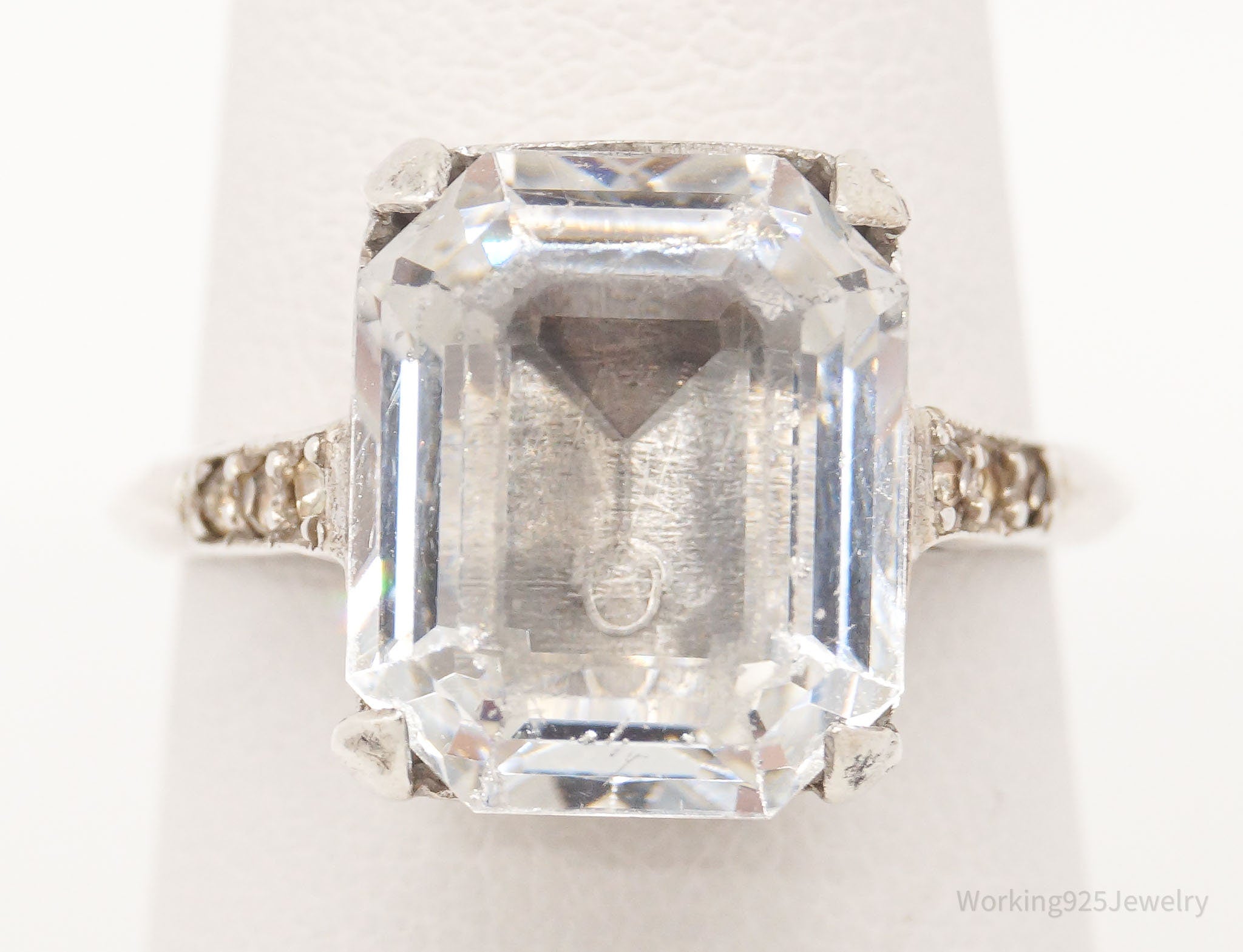 Antique Faux Diamond Glass Sterling Silver Ring - Size 6.75