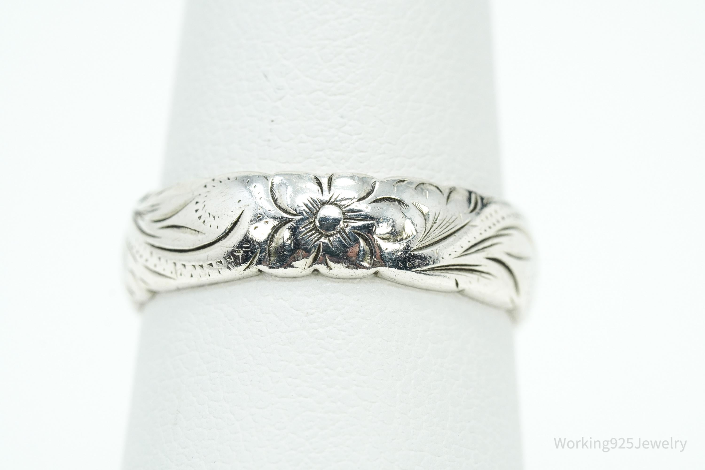 Vintage Flowers Floral Sterling Silver Band Ring - Size 8