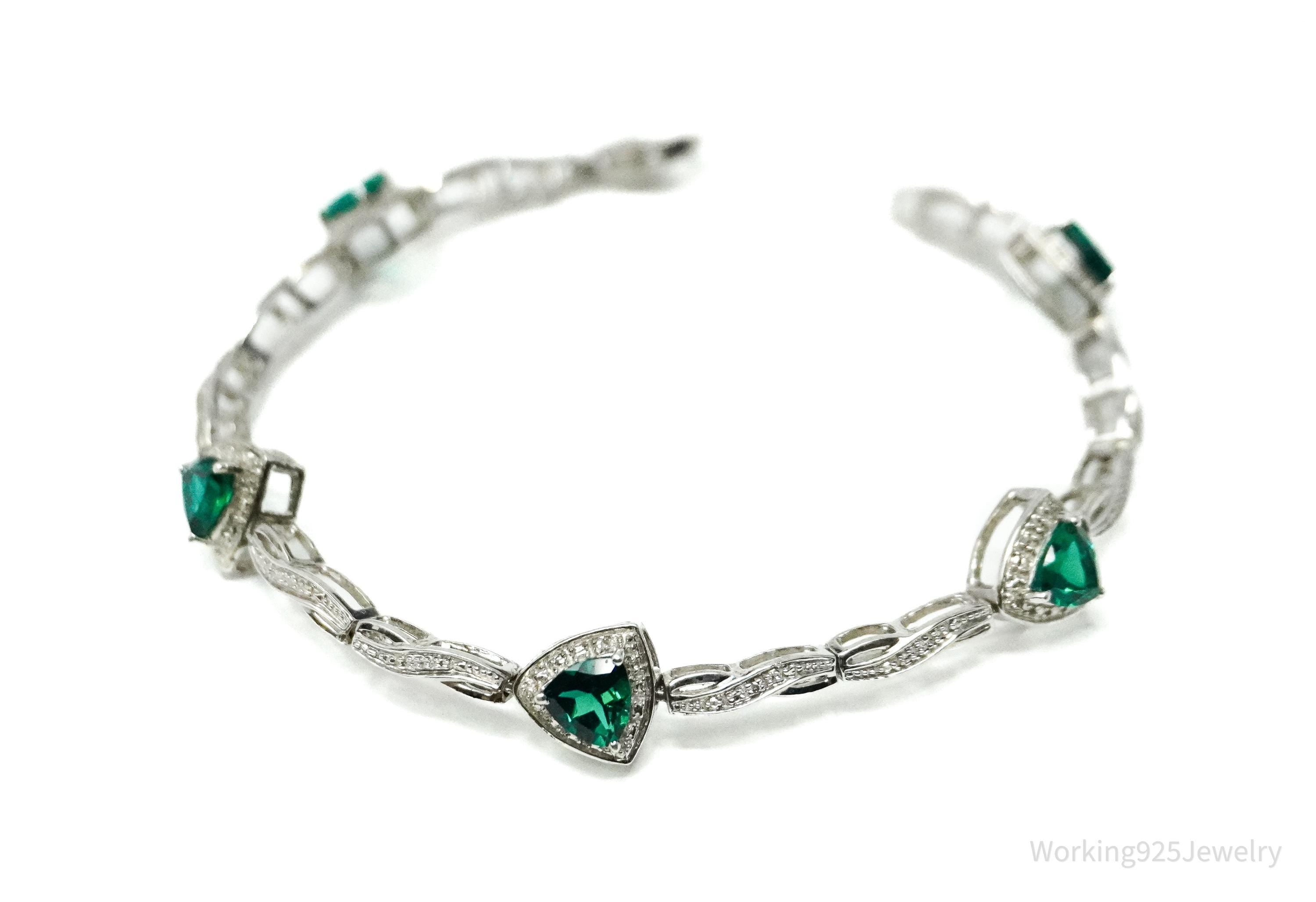 Vintage JWBR Lab Emerald & Single Diamond Sterling Silver Bracelet 7.25"