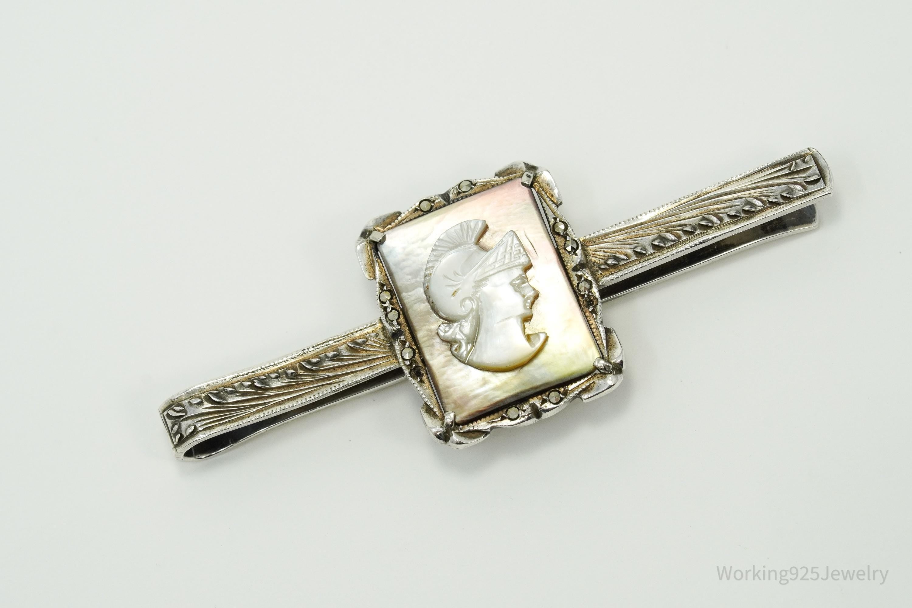 Antique Victorian 800 Silver Mother of Pearl Cameo And Marcasite Warrior Tie Clip