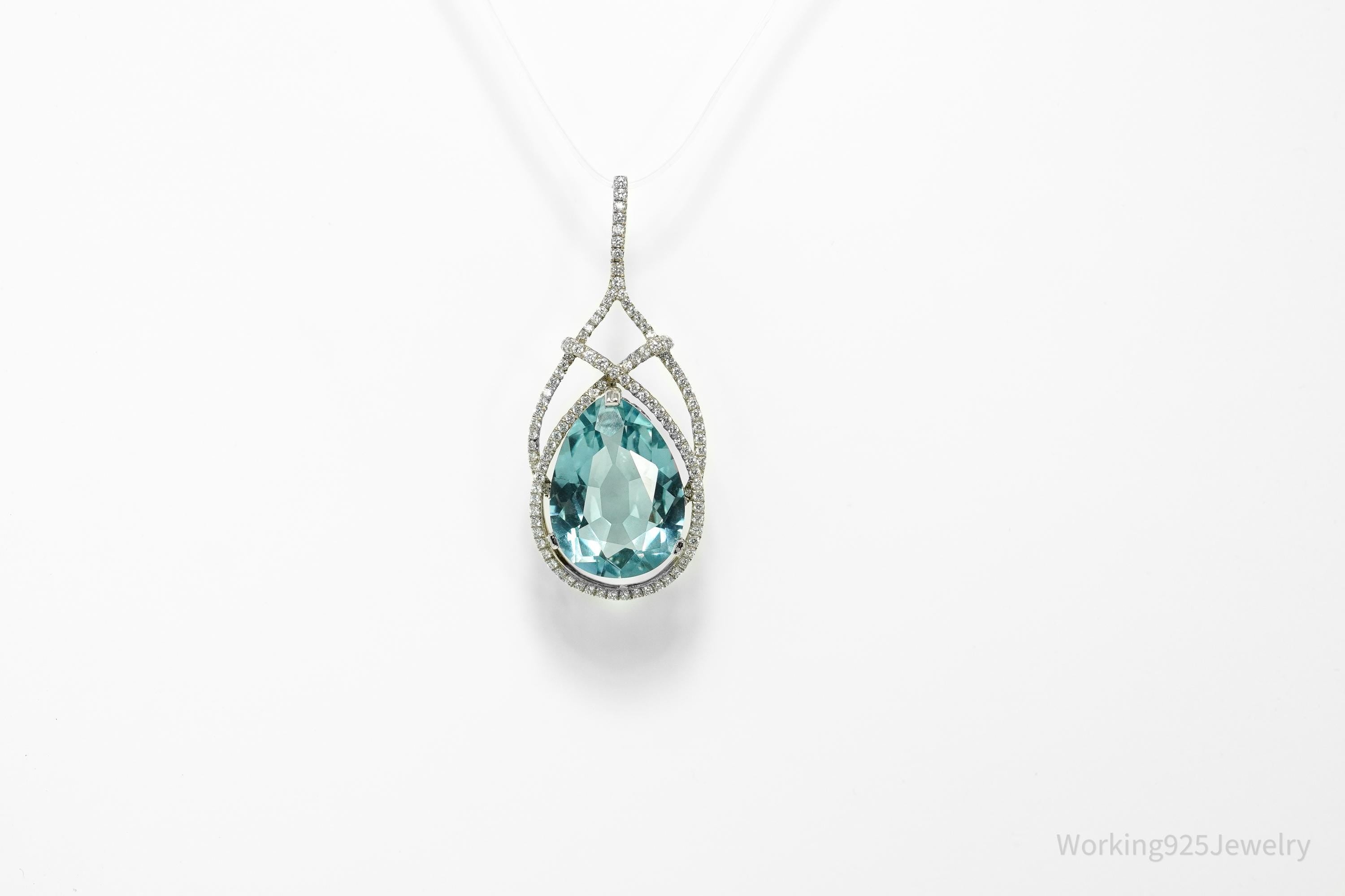 STAUER Large Blue Topaz & White Zircon Sterling Silver Pendant