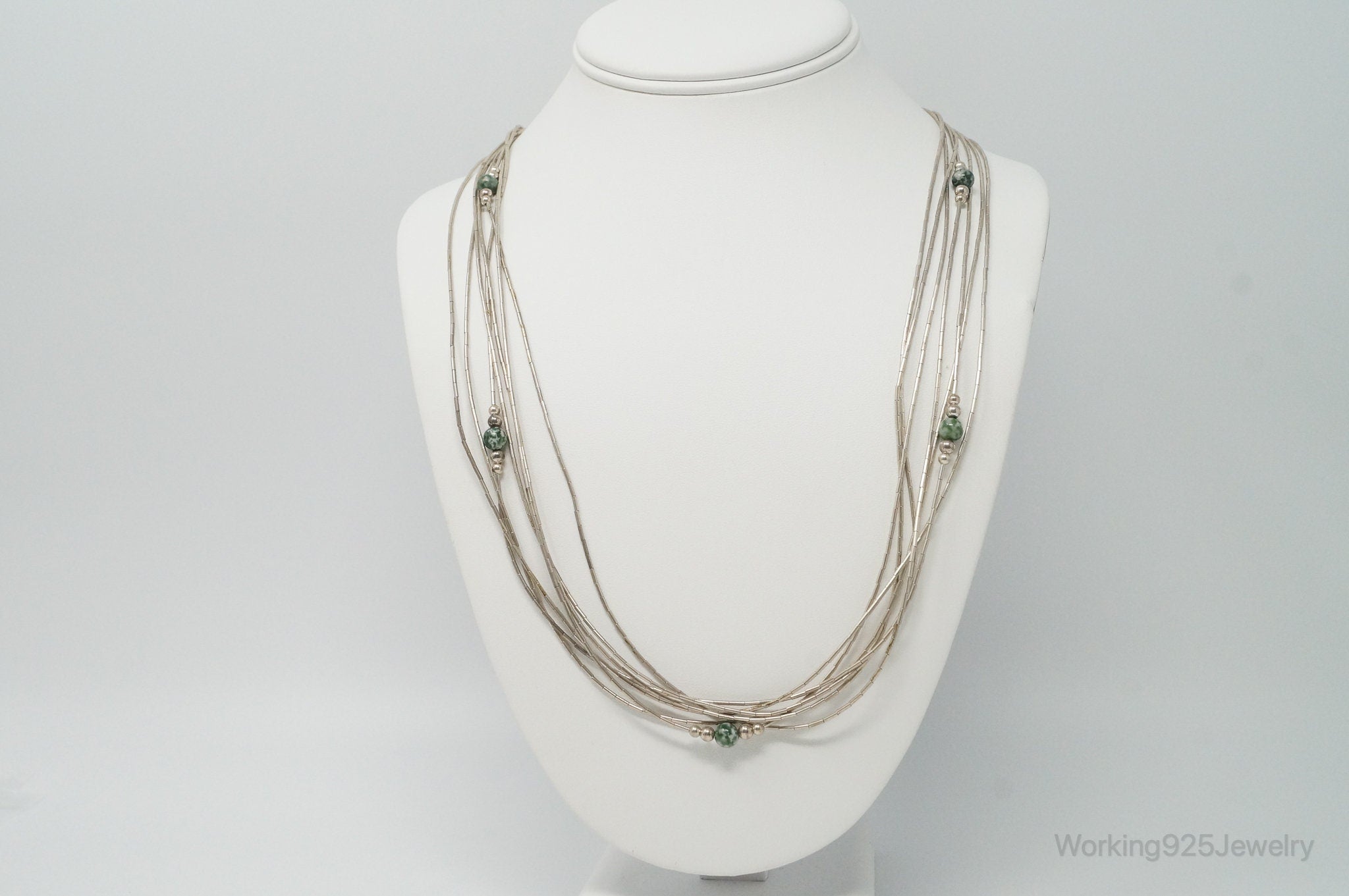 Vintage Native American Unsigned Green Spot Jasper Sterling Silver Necklace
