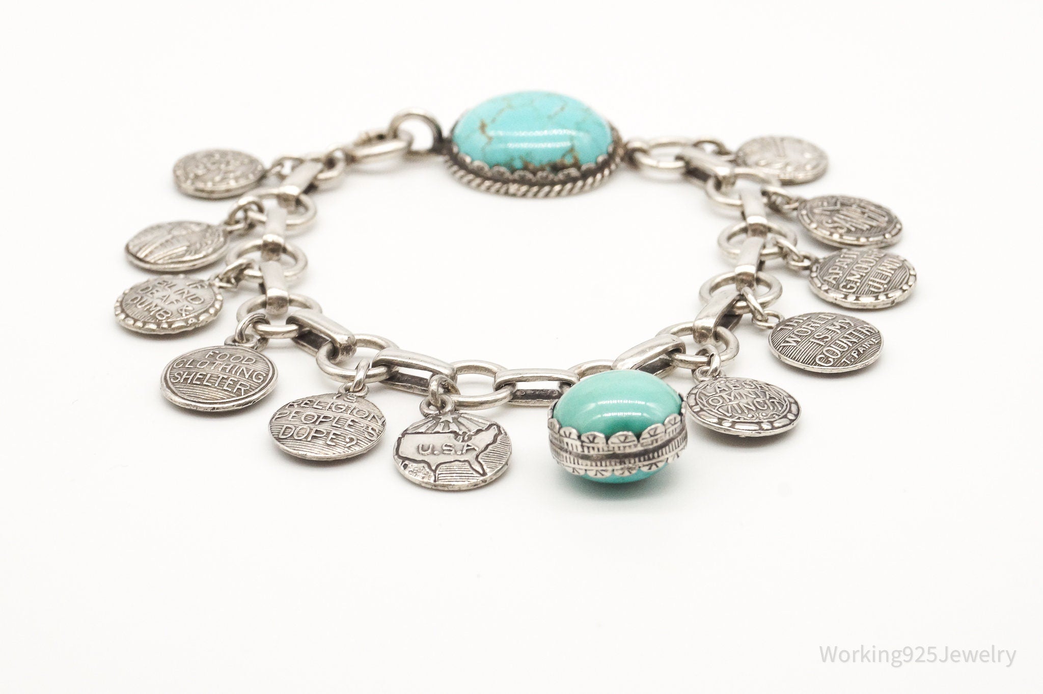 Vintage Turquoise Latin Quotes Solid Silver Charms Bracelet