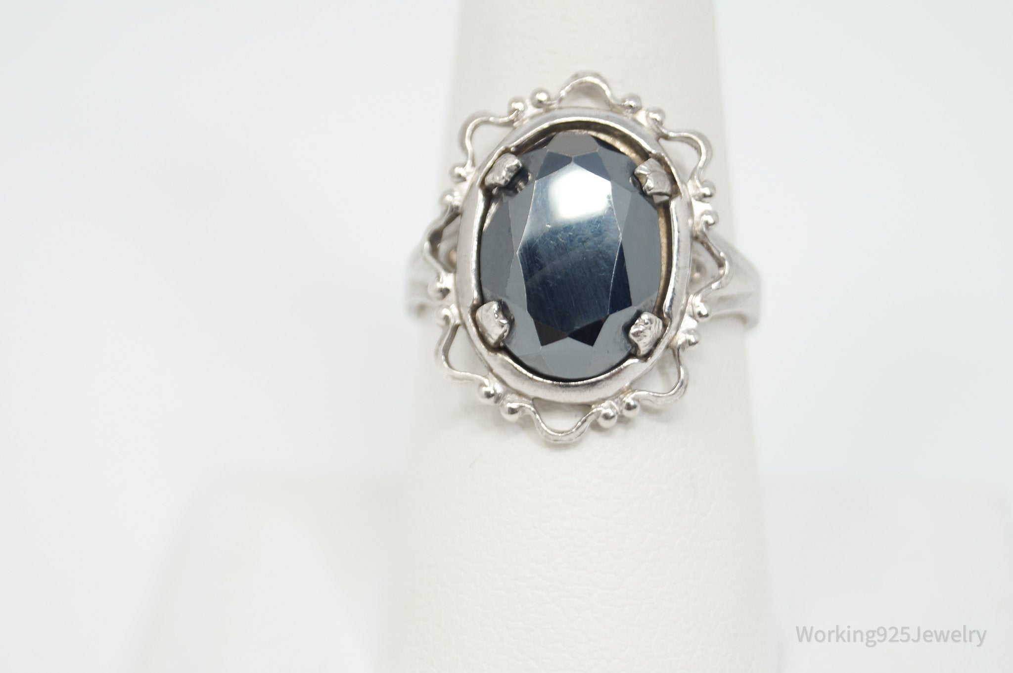 Vintage Oval Hematite Sterling Silver Ring - Sz 8.75