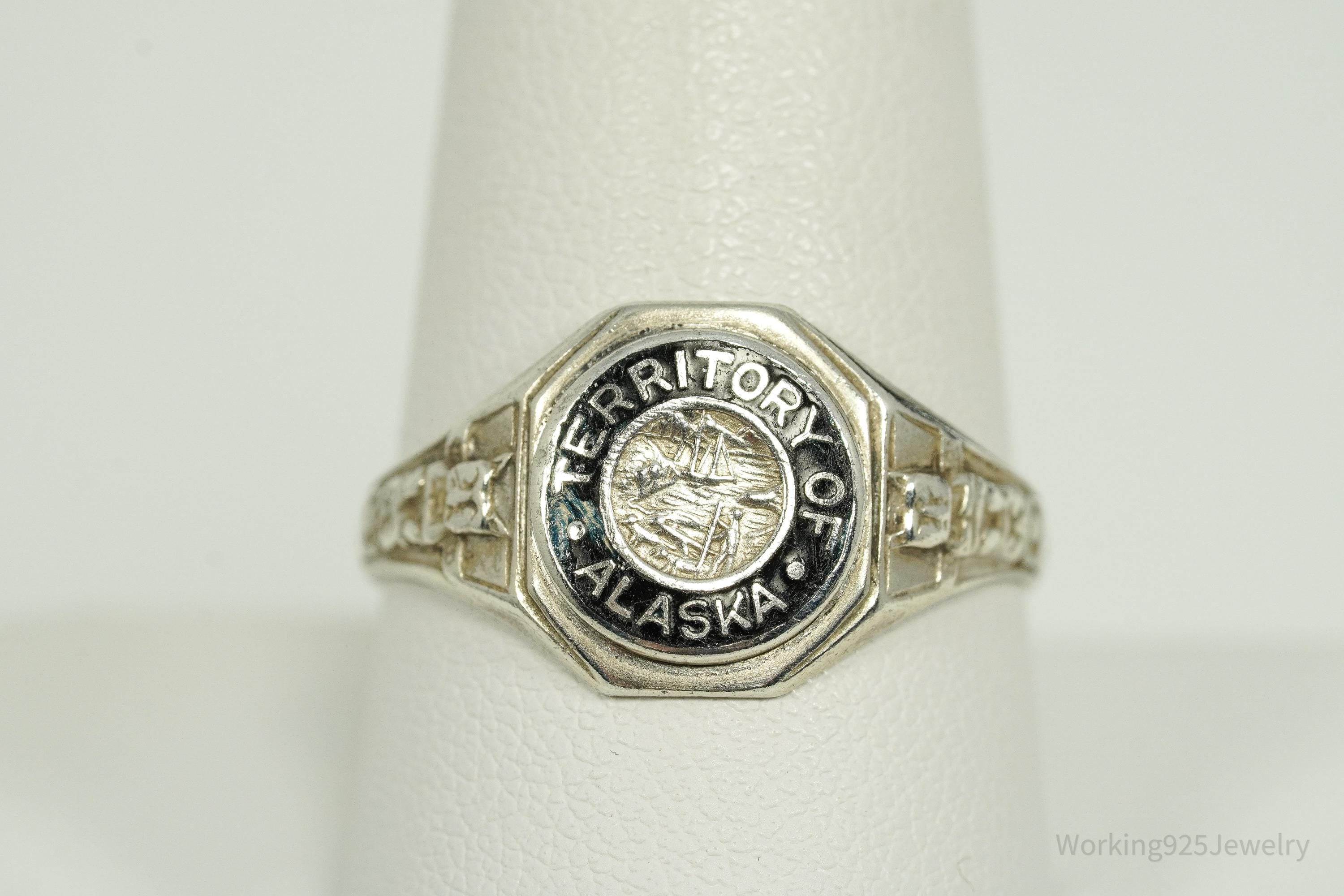 RARE 1930s Territory Of Alaska Souvenir Sterling Silver Ring - Size 9.75