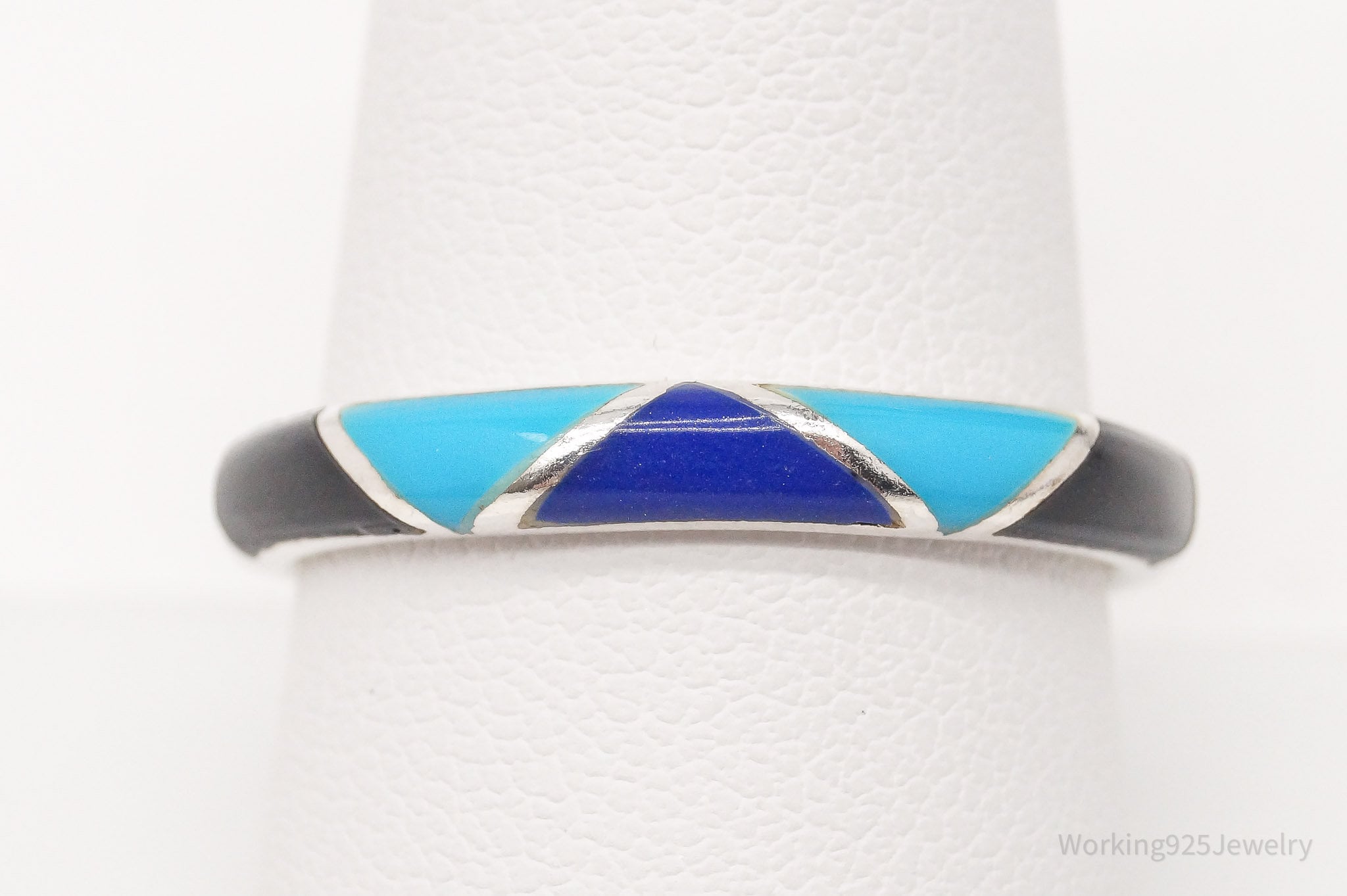 Vintage Turquoise Lapis Lazuli Black Onyx Inlay Sterling Silver Ring - Size 10