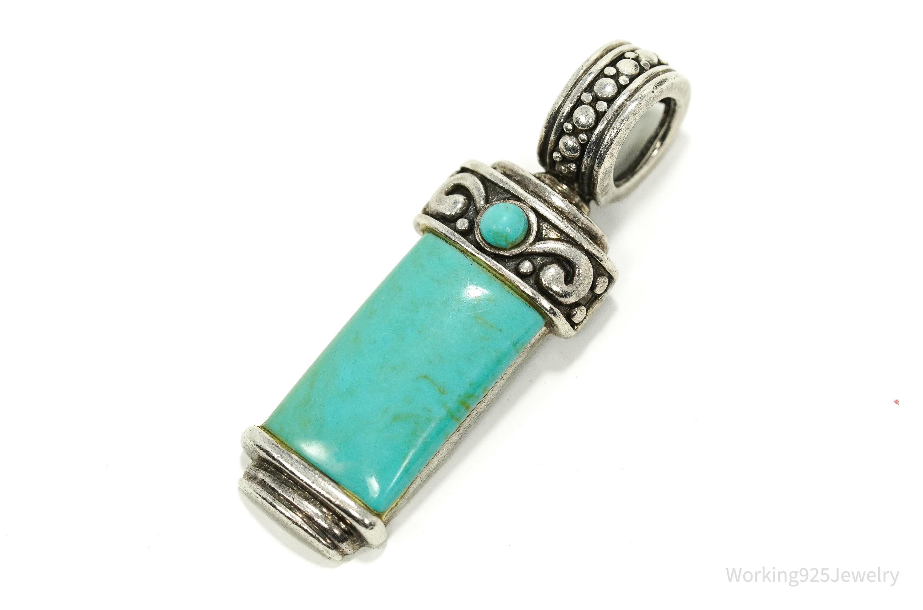 Vintage Turquoise Sterling Silver Necklace Pendant 1.75"