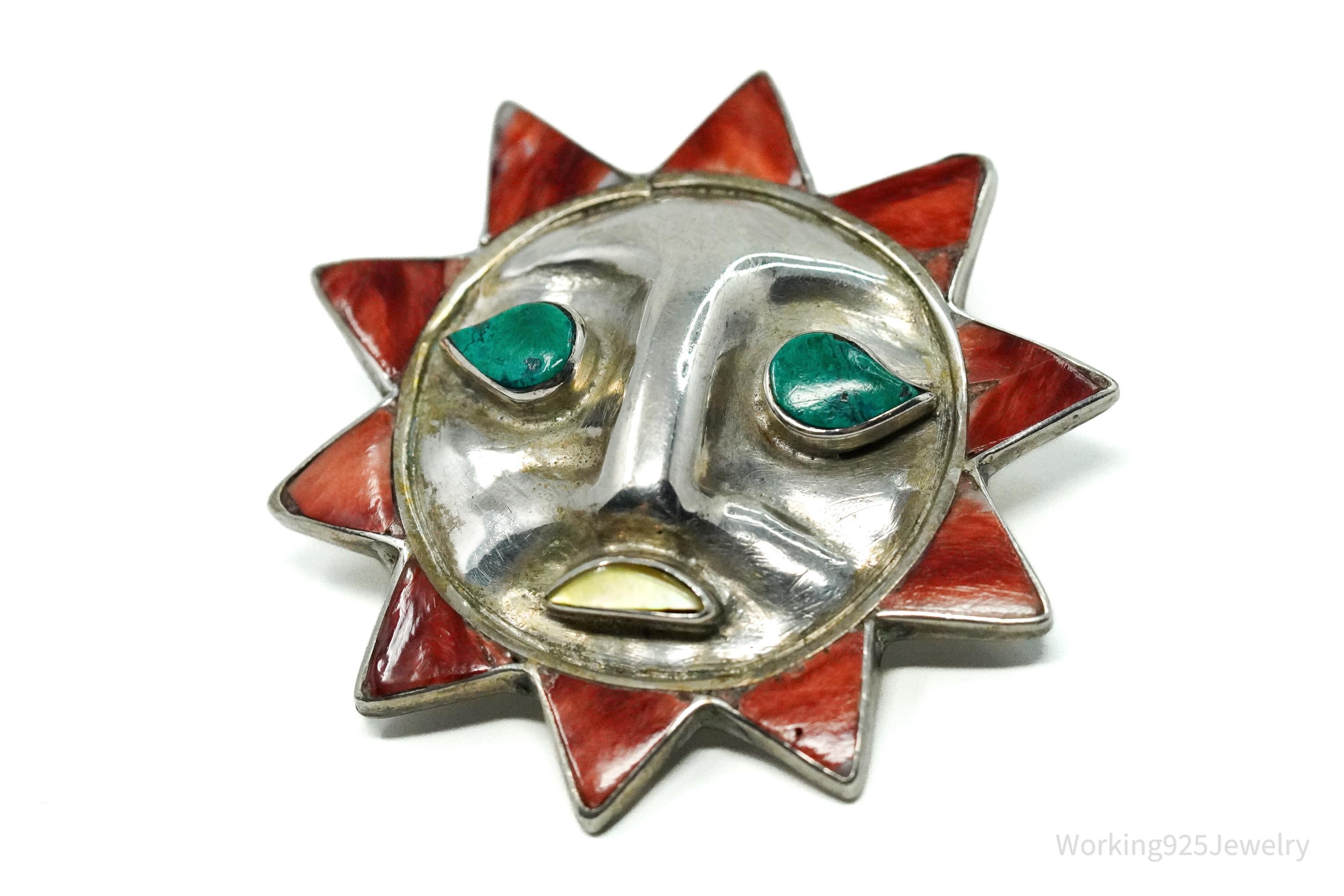 Large Vintage Multi Stone Inlay Sun Face 950 Silver Pendant