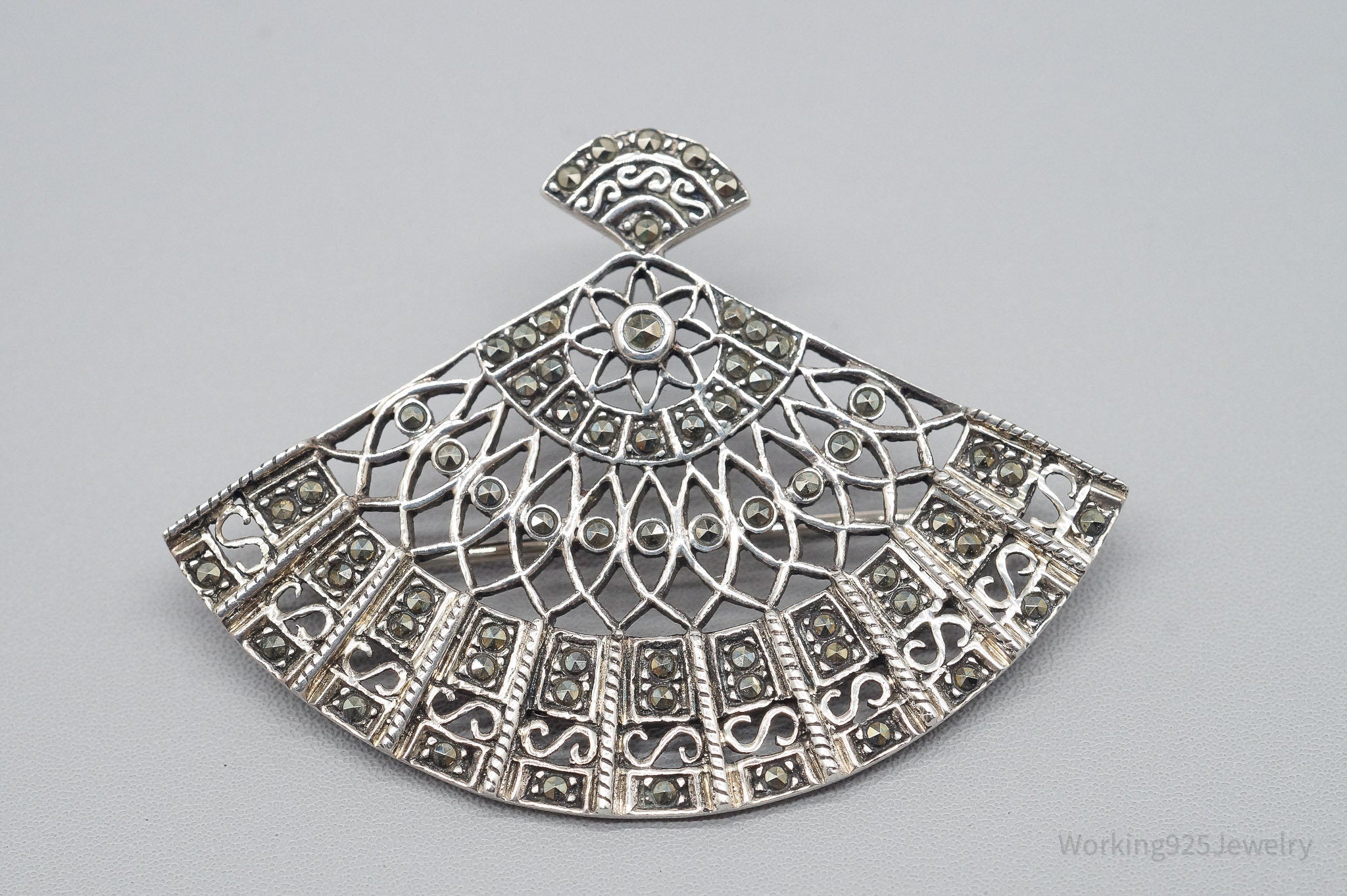 Vintage Marcasite Sterling Silver Hand Fan Pendant Pin