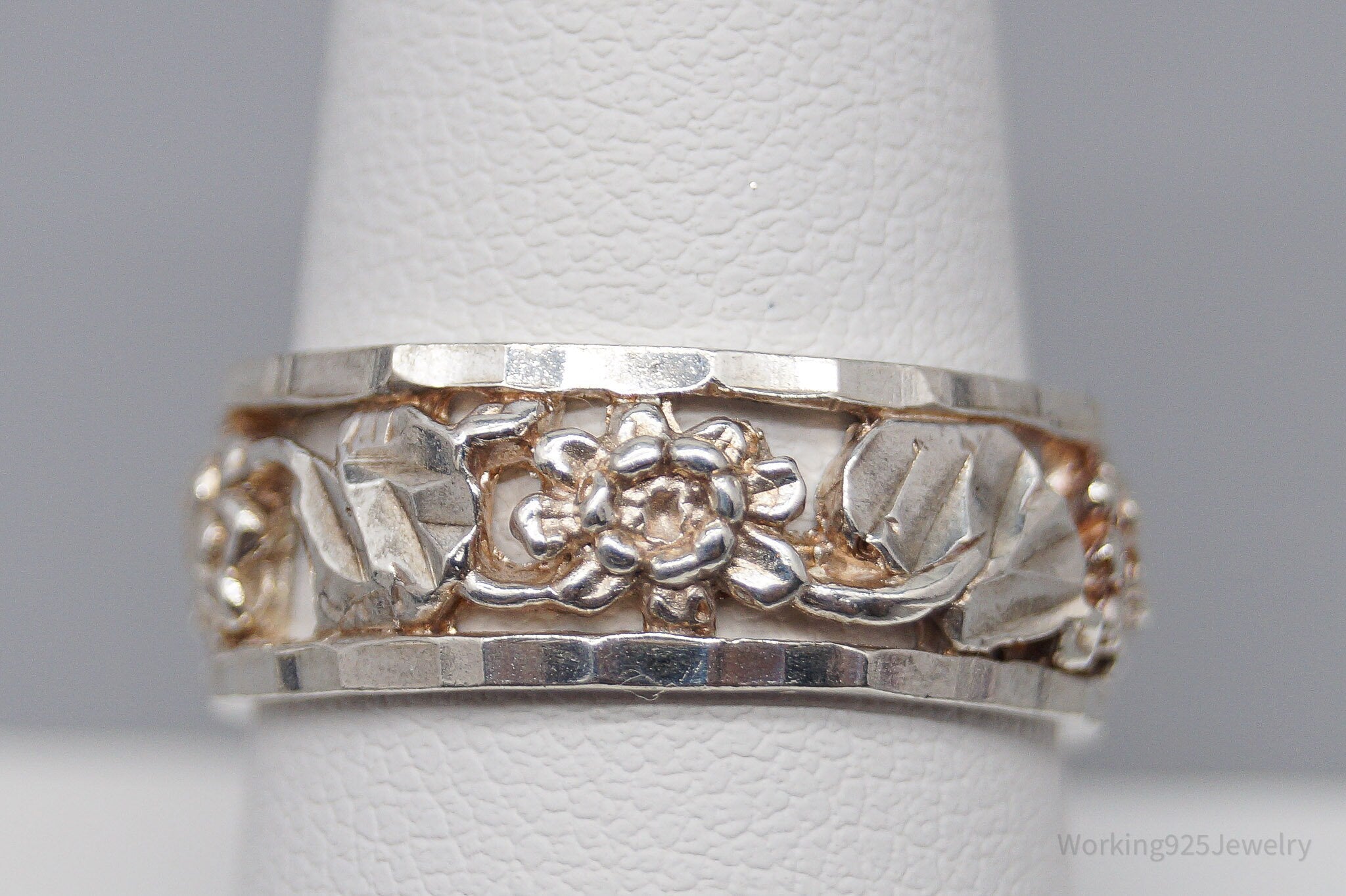Vintage Art Nouveau Style Floral Vines Sterling Silver Band Ring - Size 9