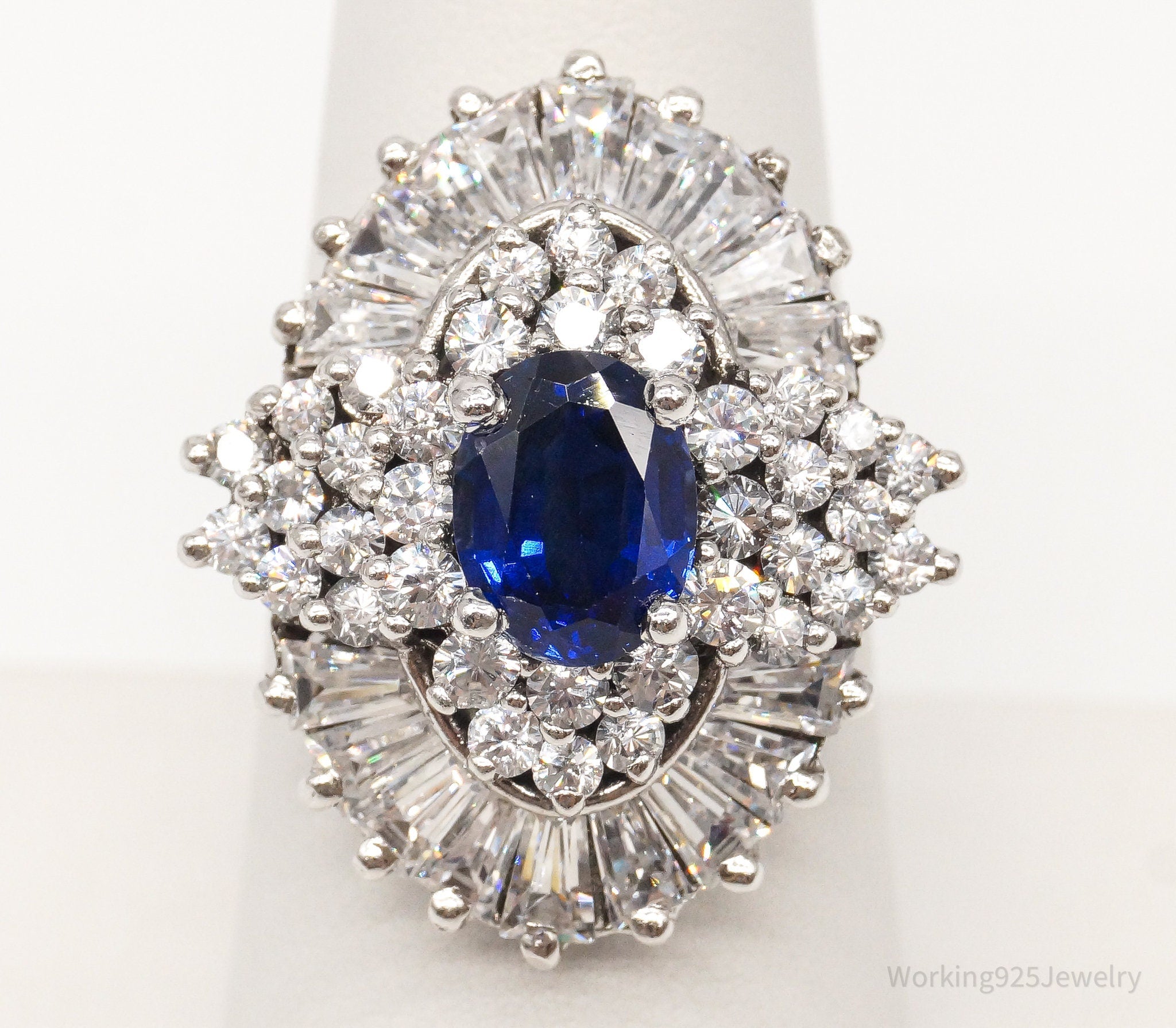 Vintage Lab Sapphire Cubic Zirconia Sterling Silver Ring Size