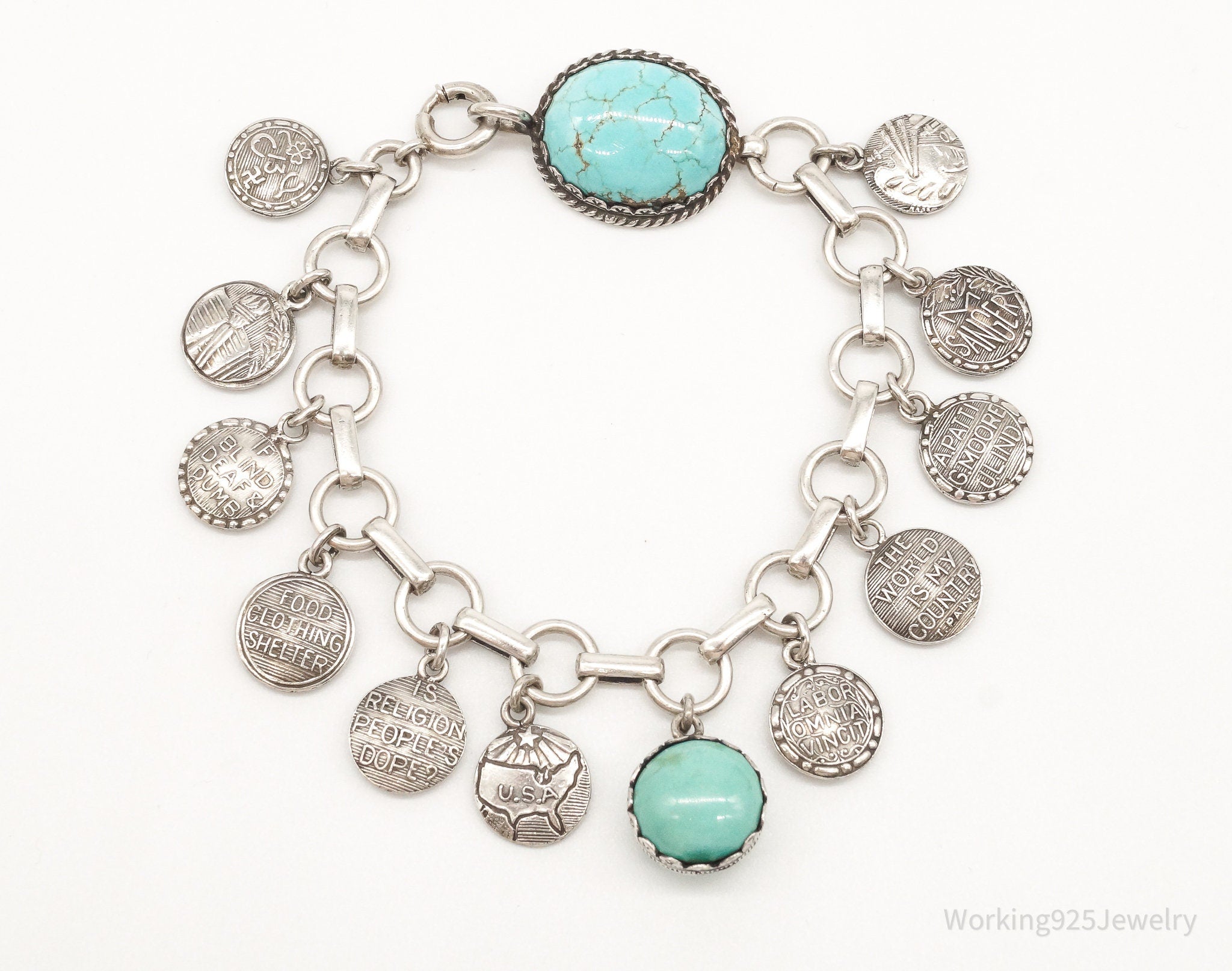 Vintage Turquoise Latin Quotes Solid Silver Charms Bracelet