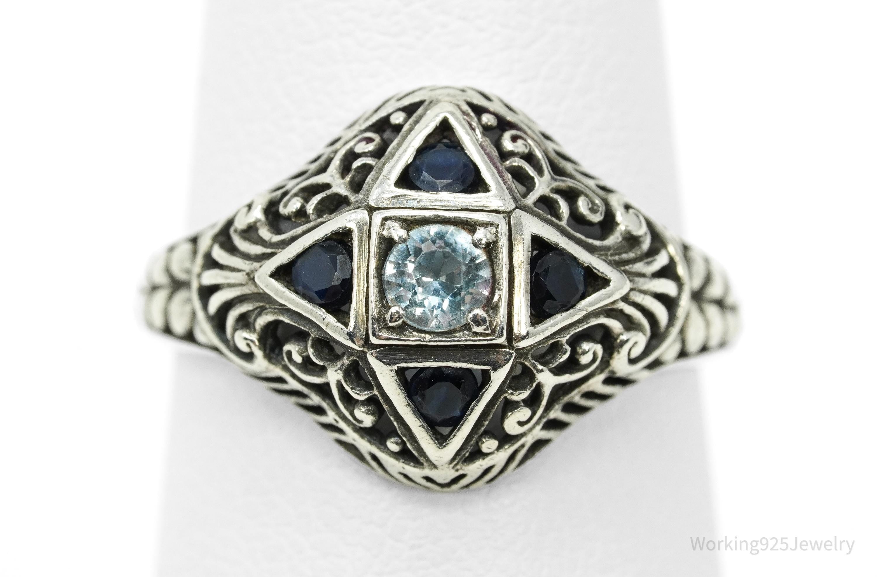 Vintage CNA Blue Topaz Sapphire Ornate Sterling Silver Ring - Size 7