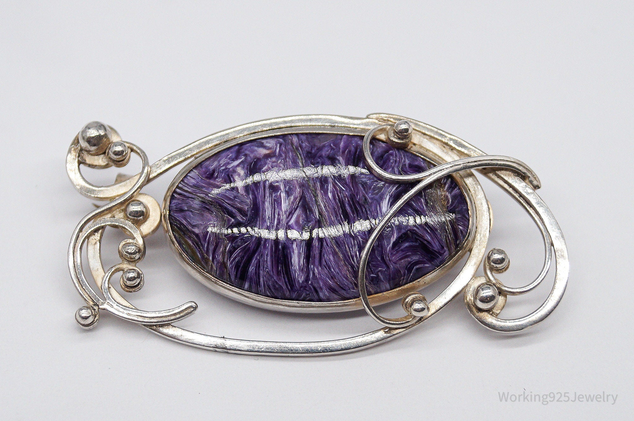 Antique Large Charoite Modernist Style Sterling Silver Russian Brooch Pin