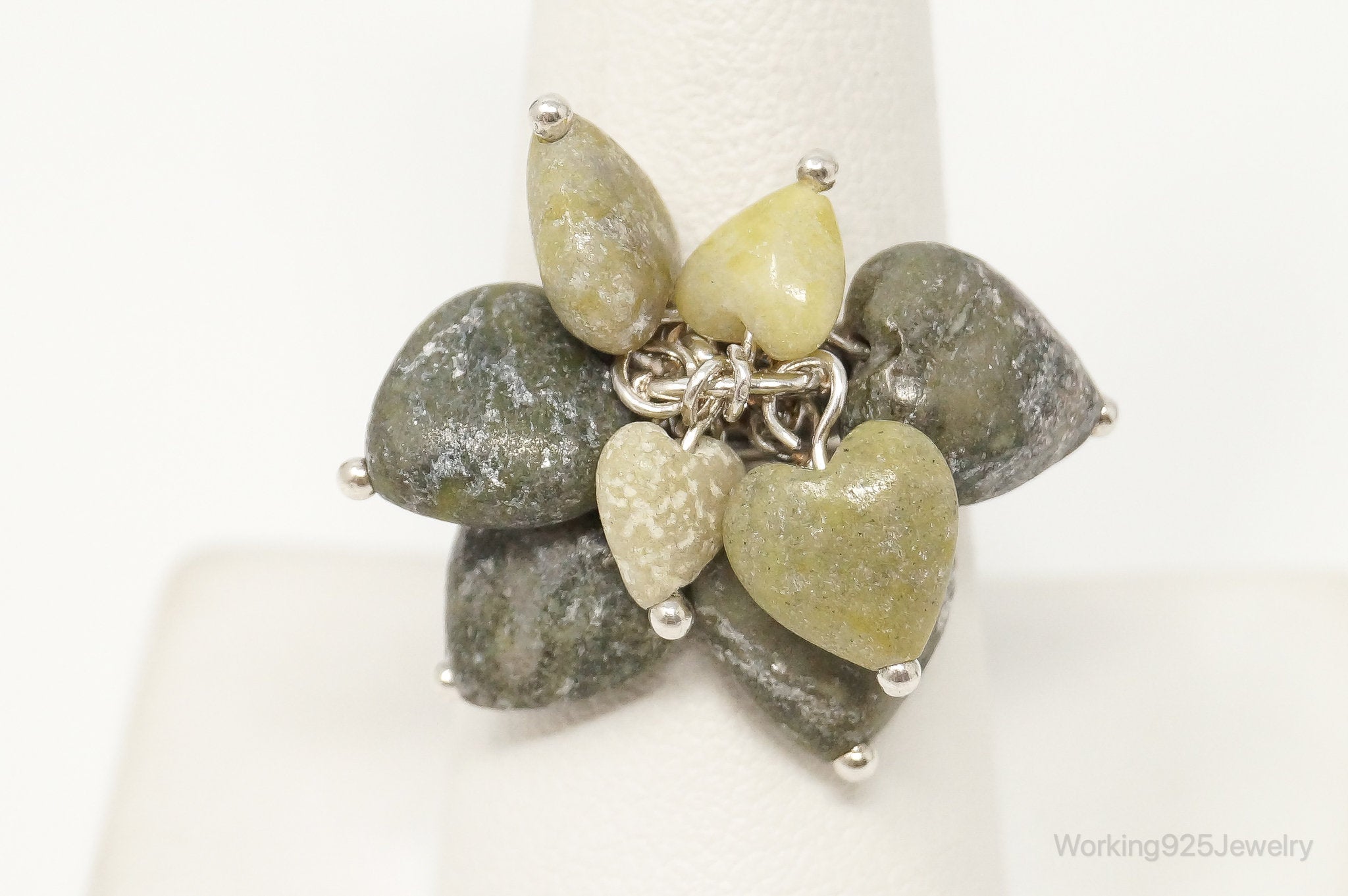 Vintage Western Style Green Gemstone Heart Charms Sterling Silver Ring SZ 8