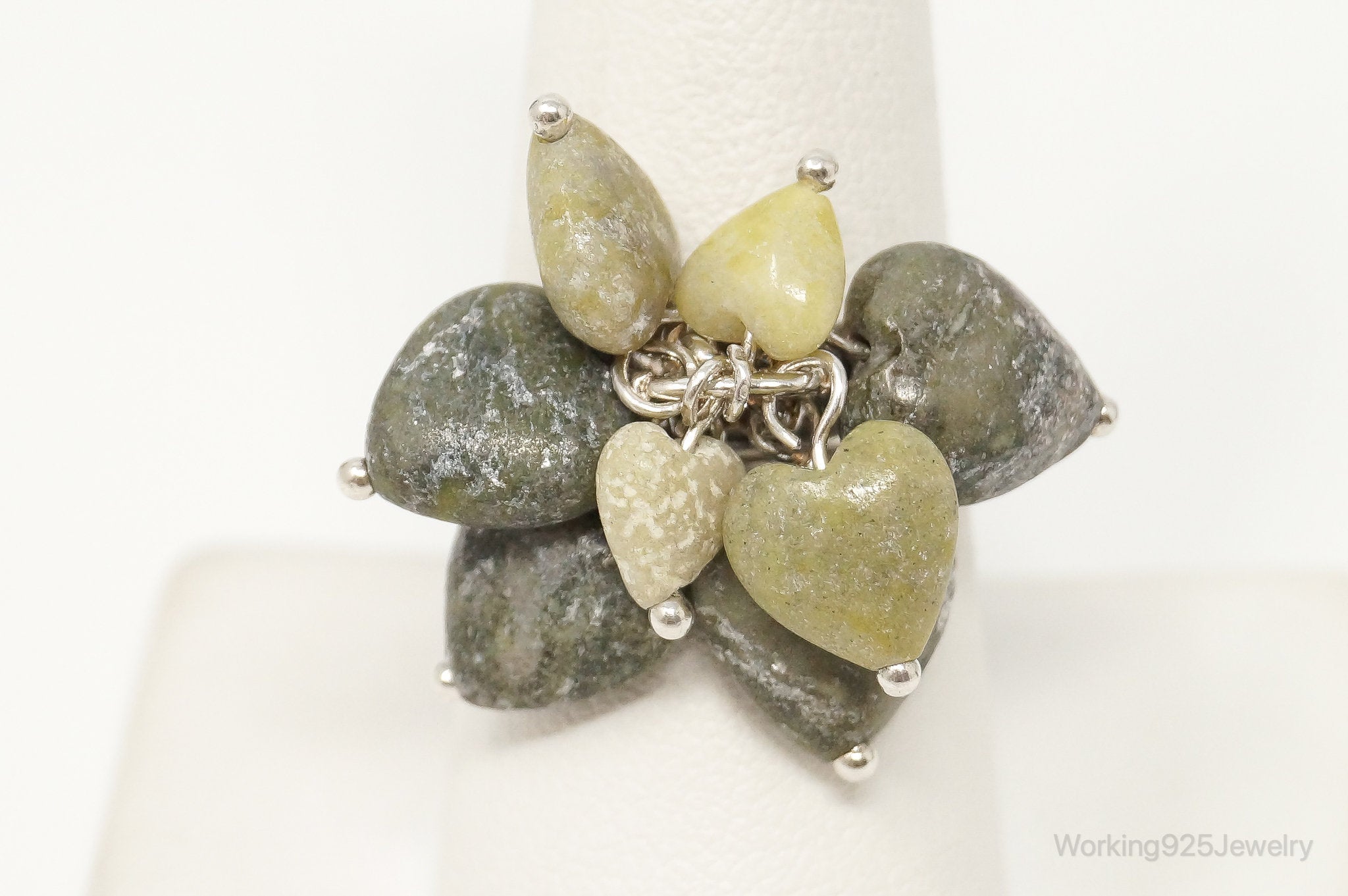 Vintage Western Style Green Gemstone Heart Charms Sterling Silver Ring SZ 8