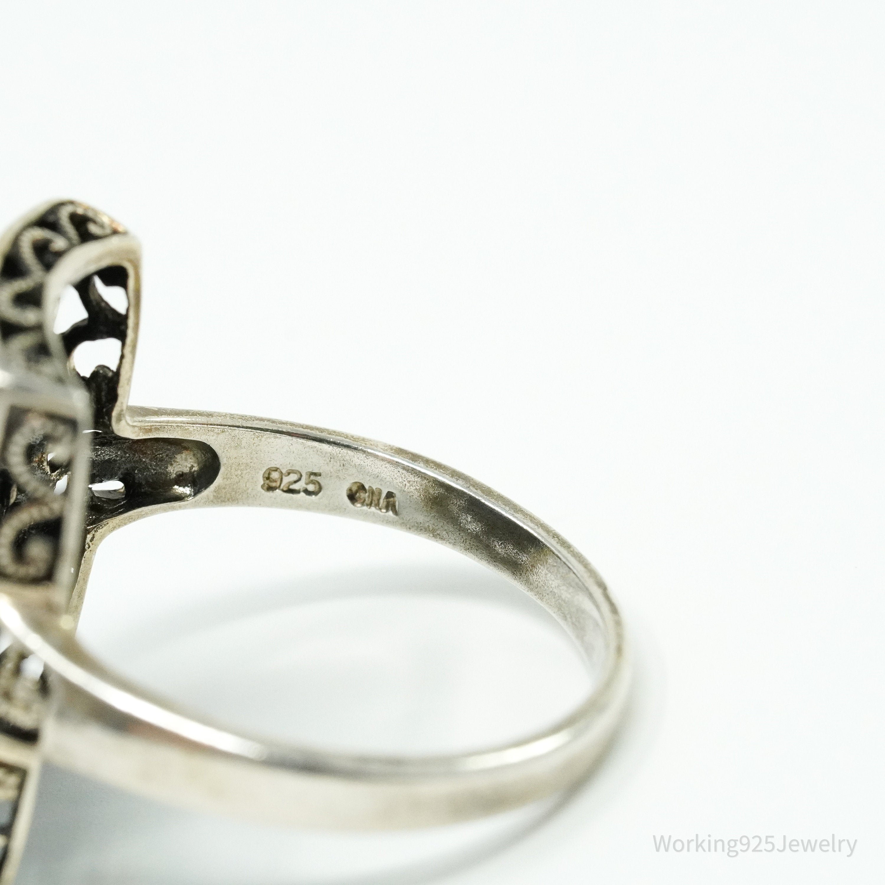 Vintage Black Onyx Scrolls & Swirls Sterling Silver Ring - Size 11.25