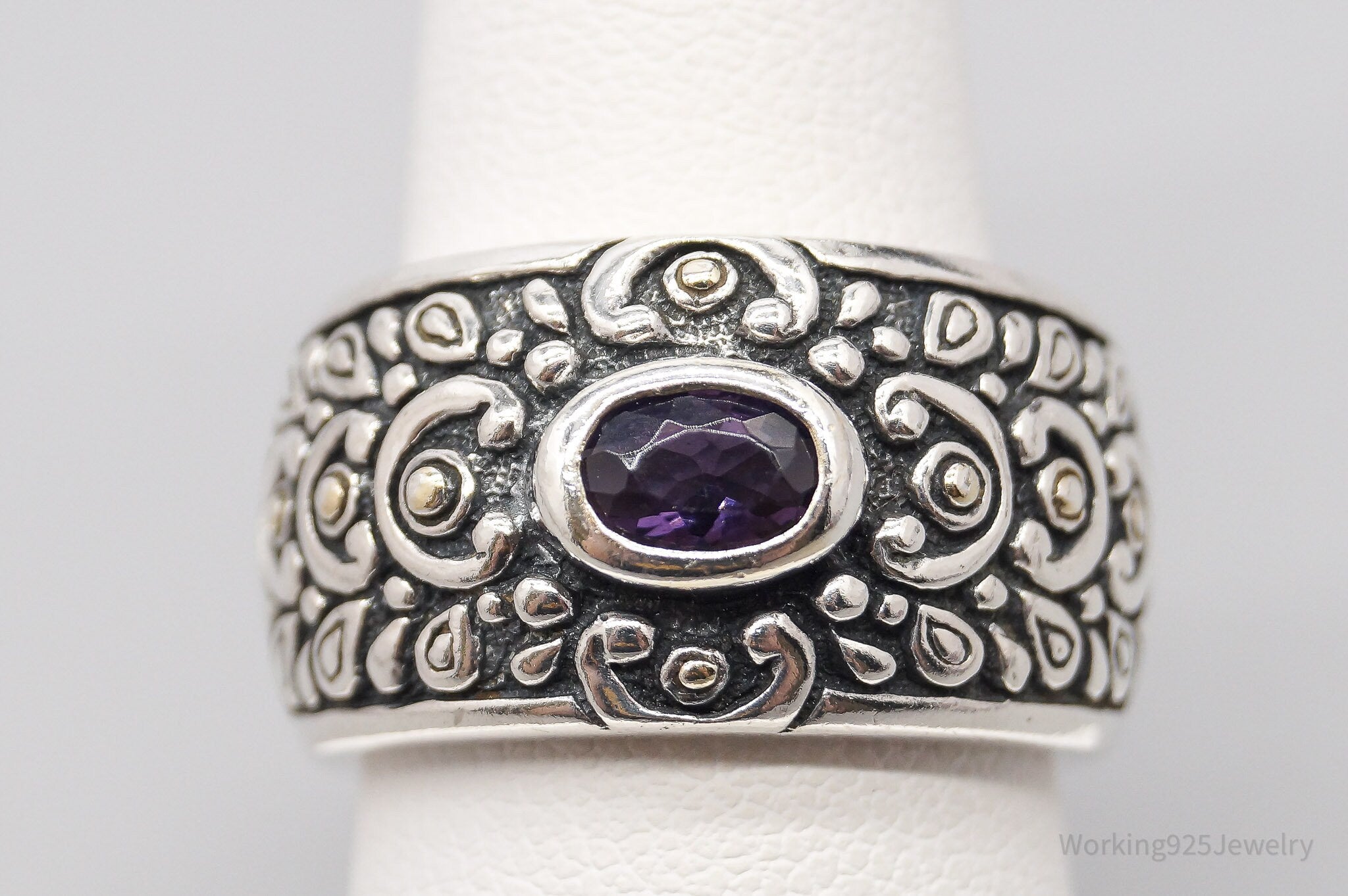 Vintage Purple Amethyst Ornate Sterling Silver Band Ring - Size 7.25
