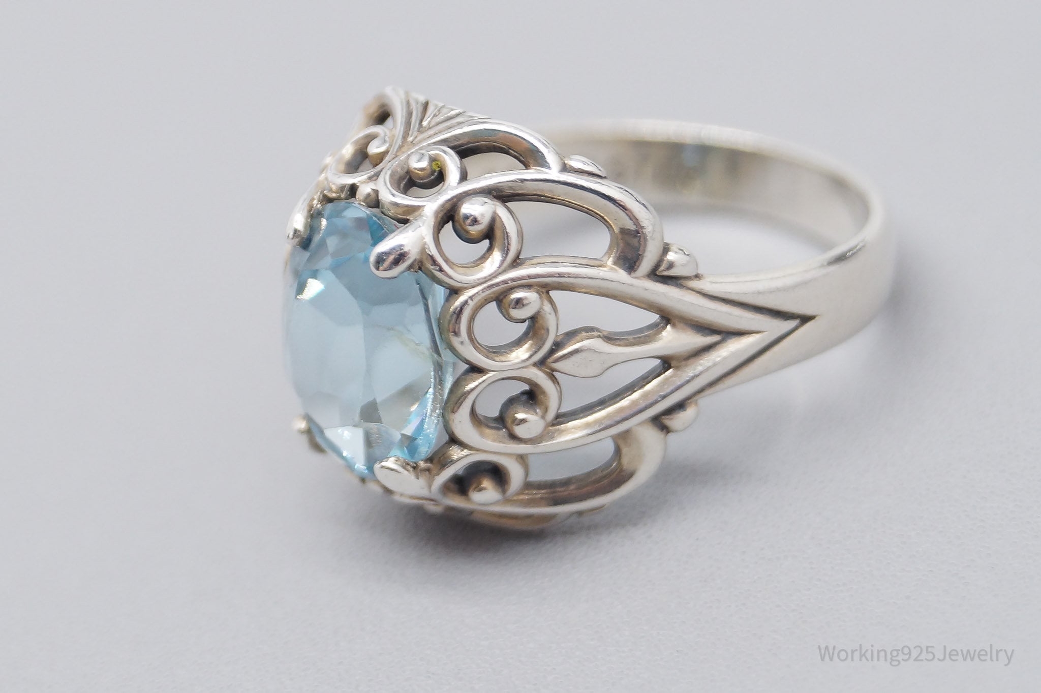 Vintage Designer Kabana Blue Topaz Heart Scrolls Sterling Silver Ring - Size 7