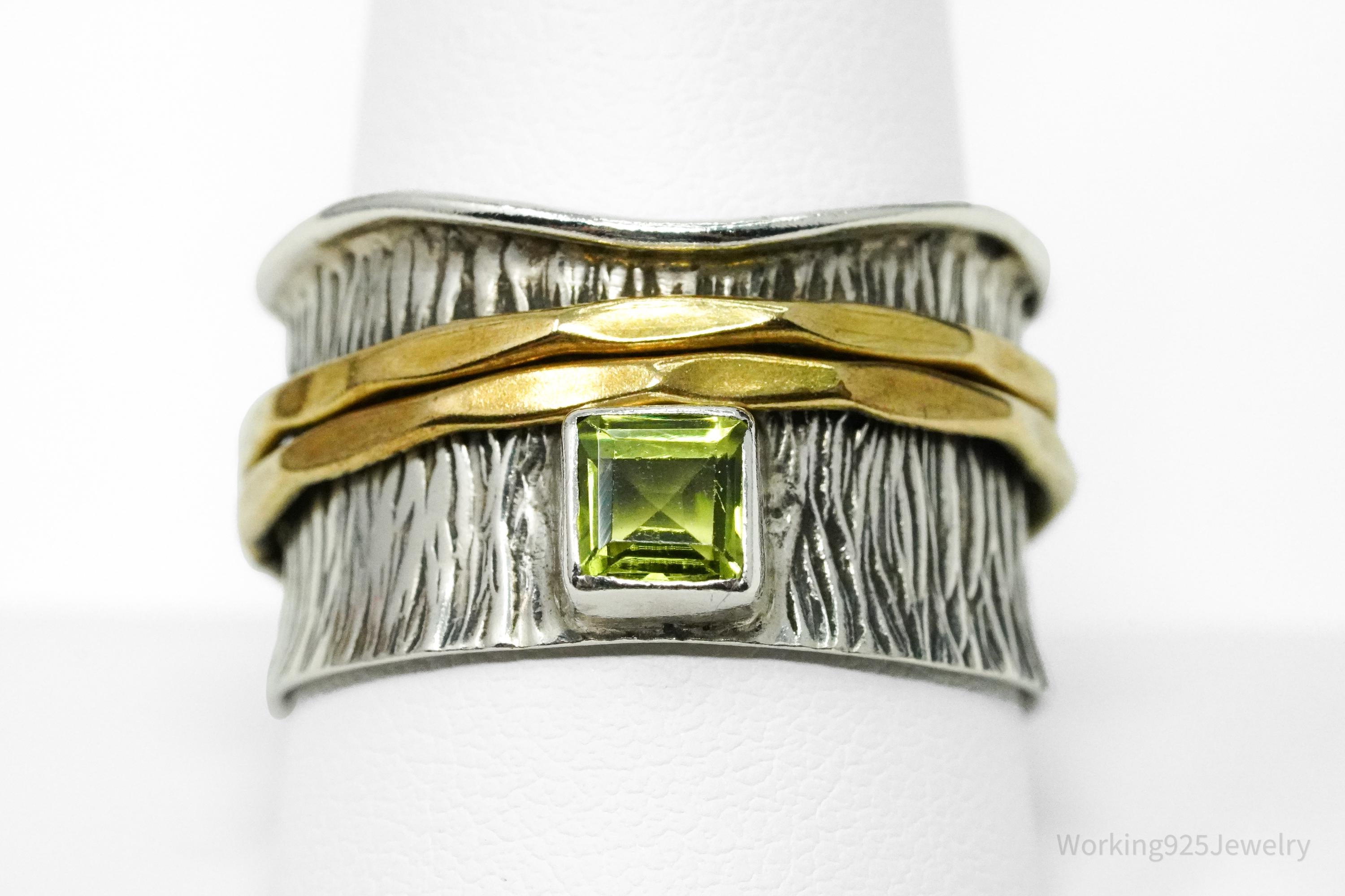 Vintage Peridot Brass Sterling Silver Spinner Band Ring- Size 10.75
