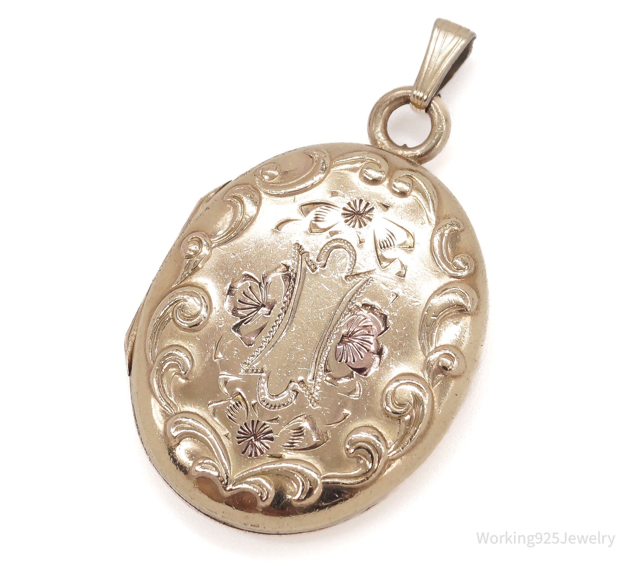 Antique 12K Gold Filled Floral Etched Pendant | Working 925 Jewelry
