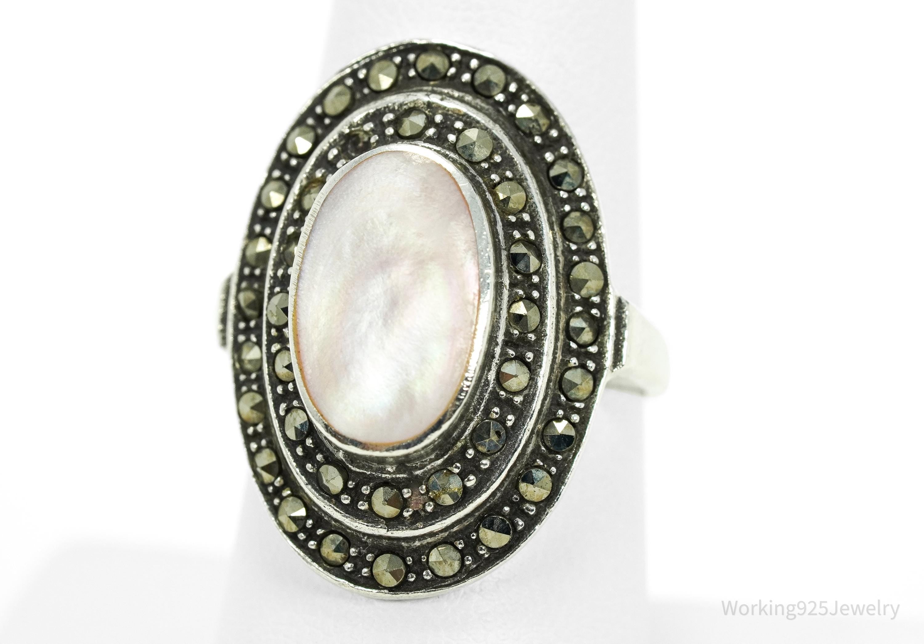 Vintage Pink Mother Of Pearl & Marcasite Sterling Silver Ring - Size 7.5