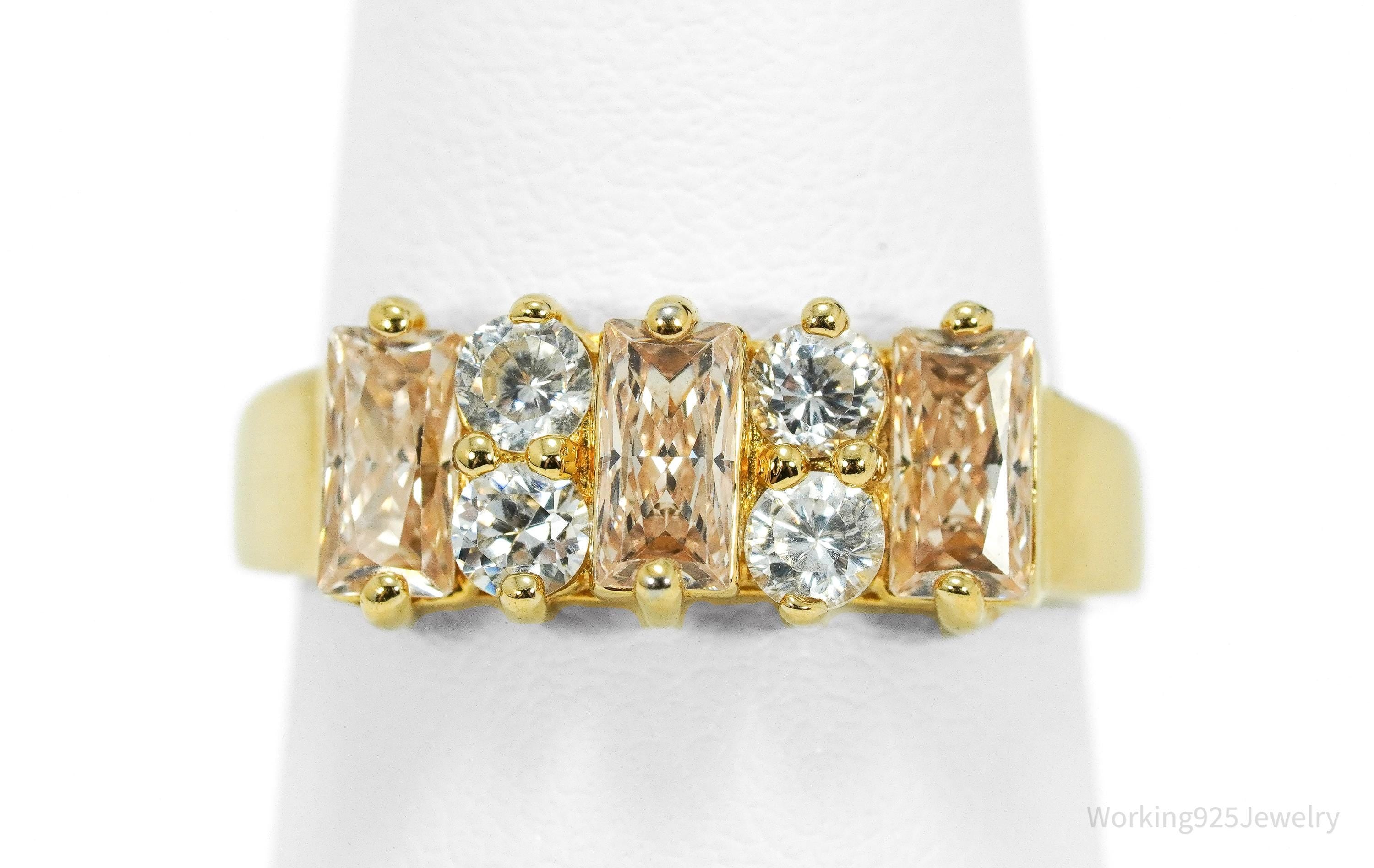 Vintage Champagne & White Cubic Zirconia Gold Over Sterling Silver Ring - Size 6