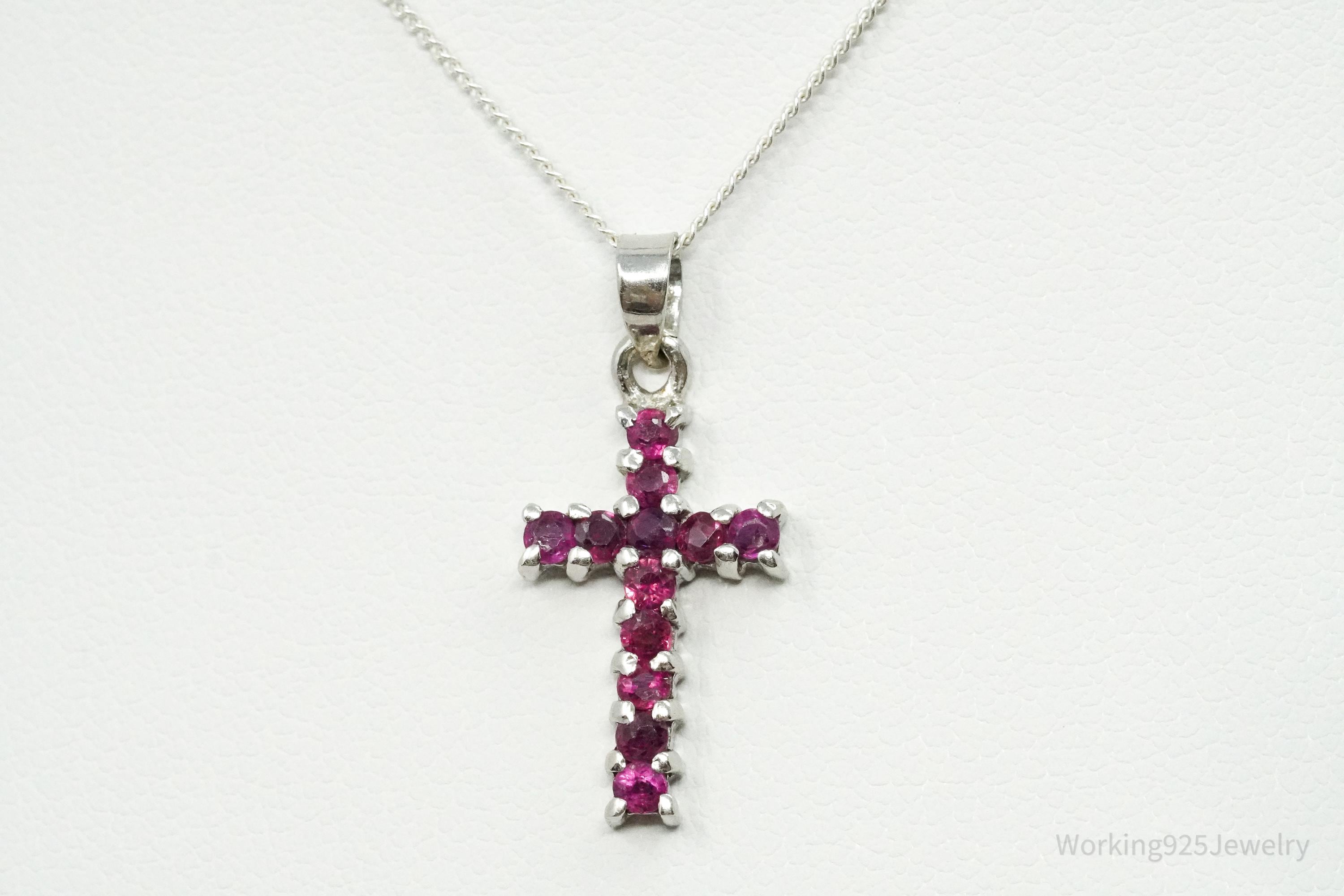 Vintage Ruby Cross Sterling Silver Necklace 16"