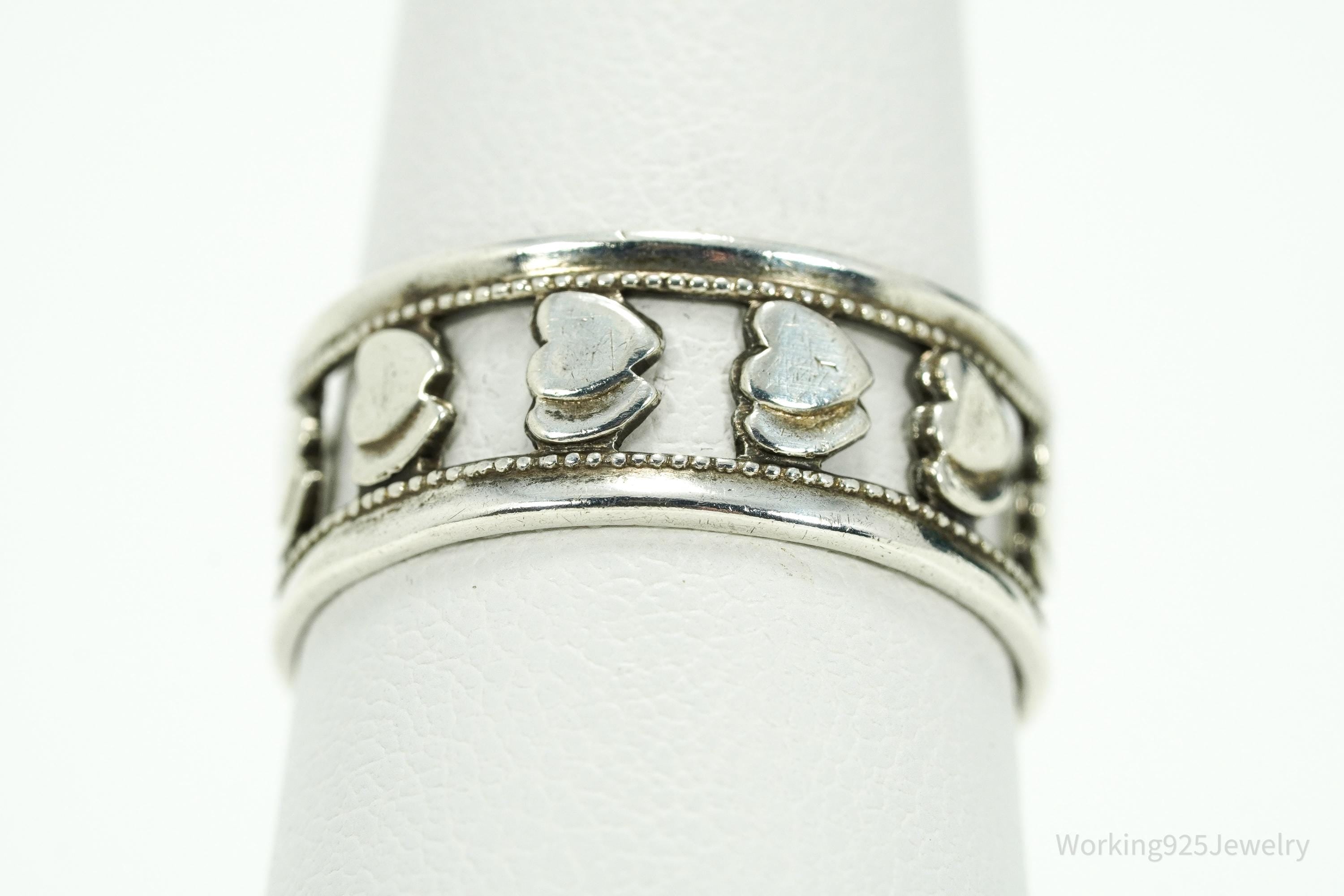 Antique Double Hearts Pattern Sterling Silver Band Ring - Size 8.25