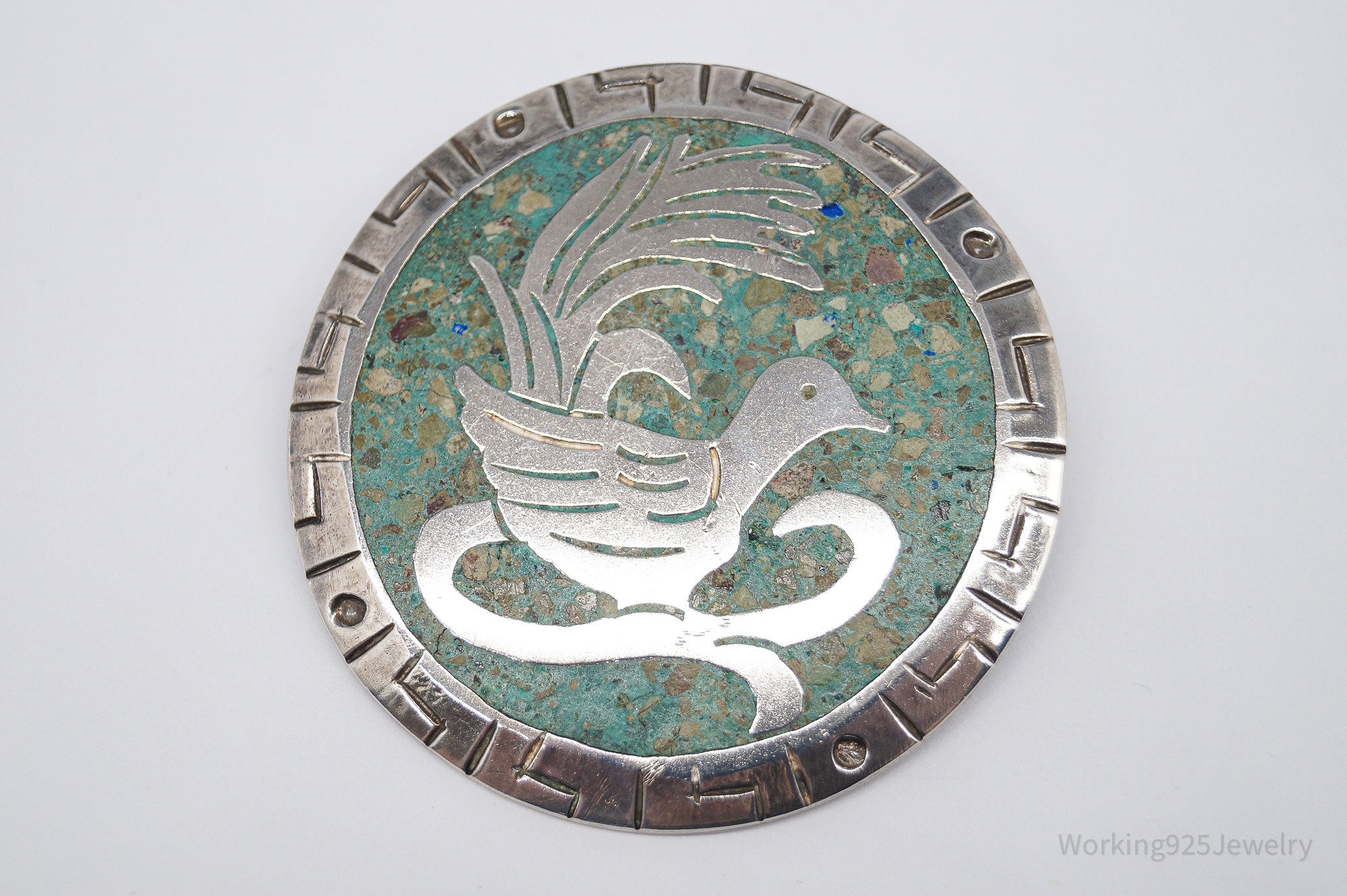 Vintage Large Mexico Gem Inlay Sterling Silver Brooch Pin Pendant 2"