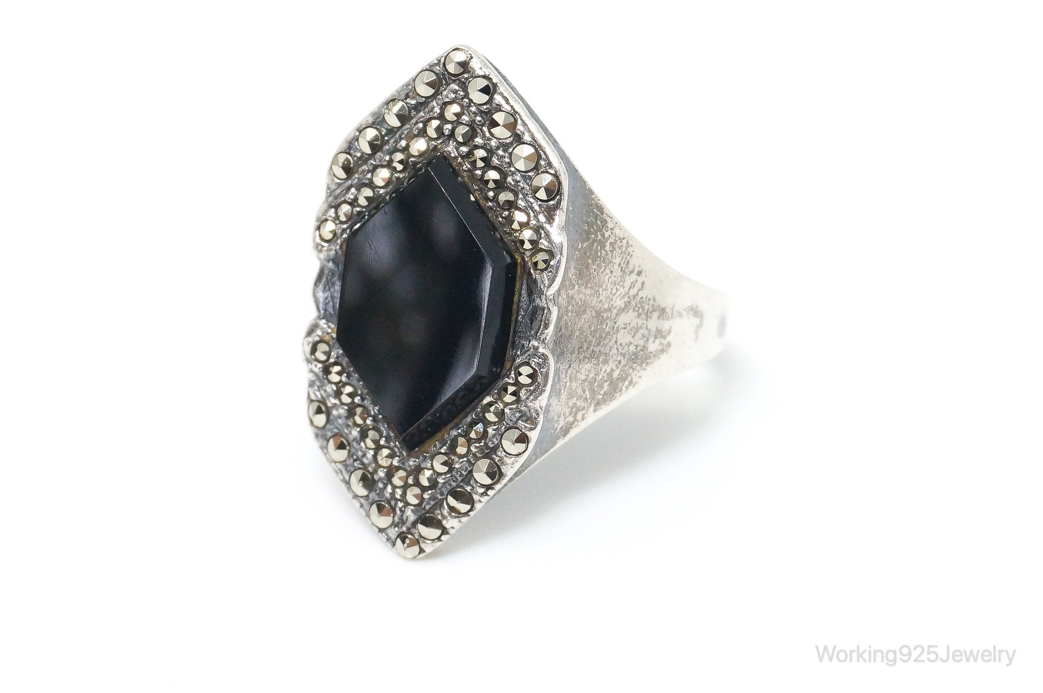 VTG Art Deco Marcasite Black Onyx Sterling Silver Statement Ring - SZ 7.5