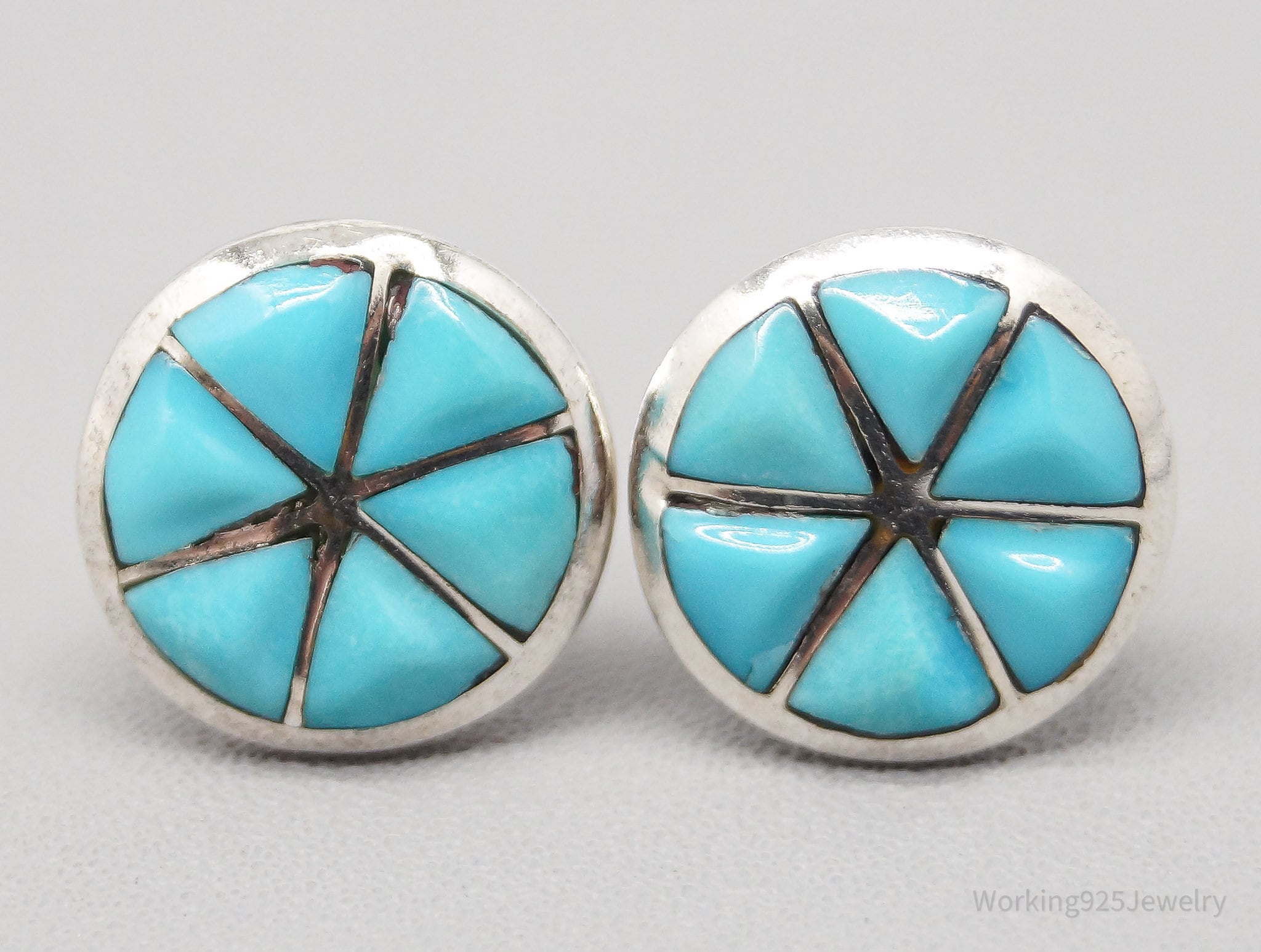 Vintage Native American Turquoise Inlay Sterling Silver Earrings