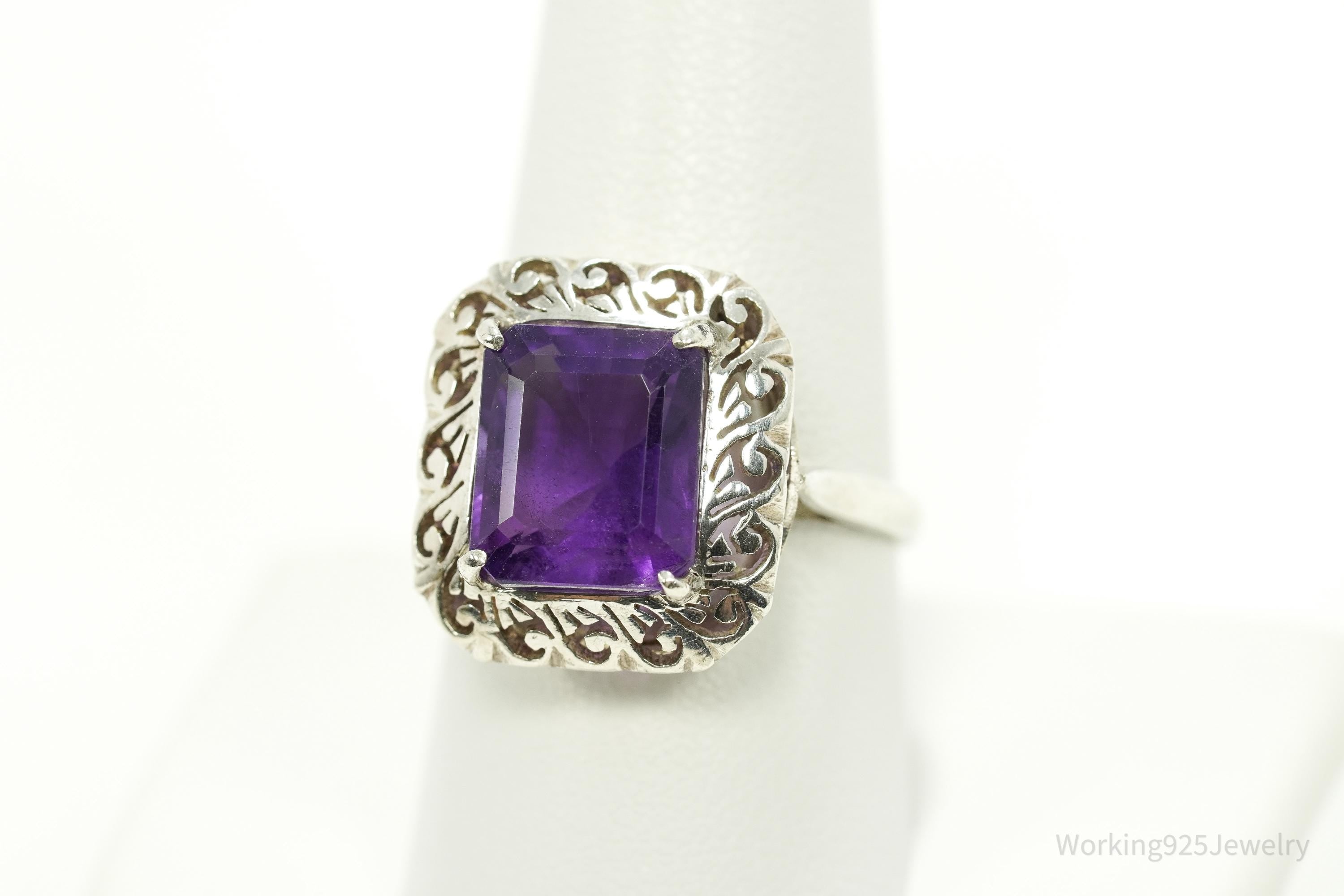 Vintage Amethyst Ornate Silver Ring - Size 9