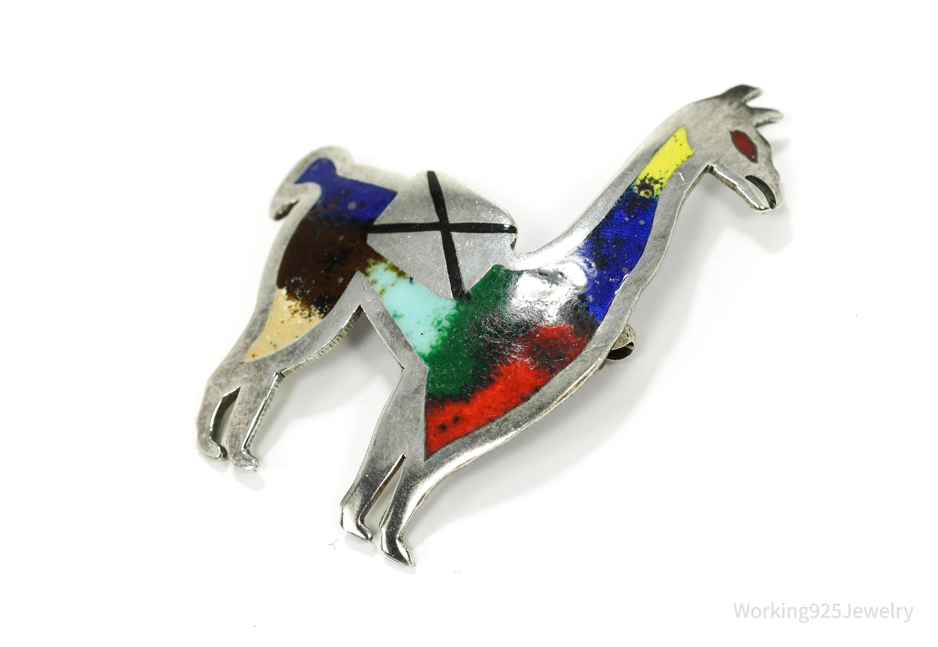 Vintage Peruvian Rainbow Enamel Llama Sterling Silver Brooch Pin