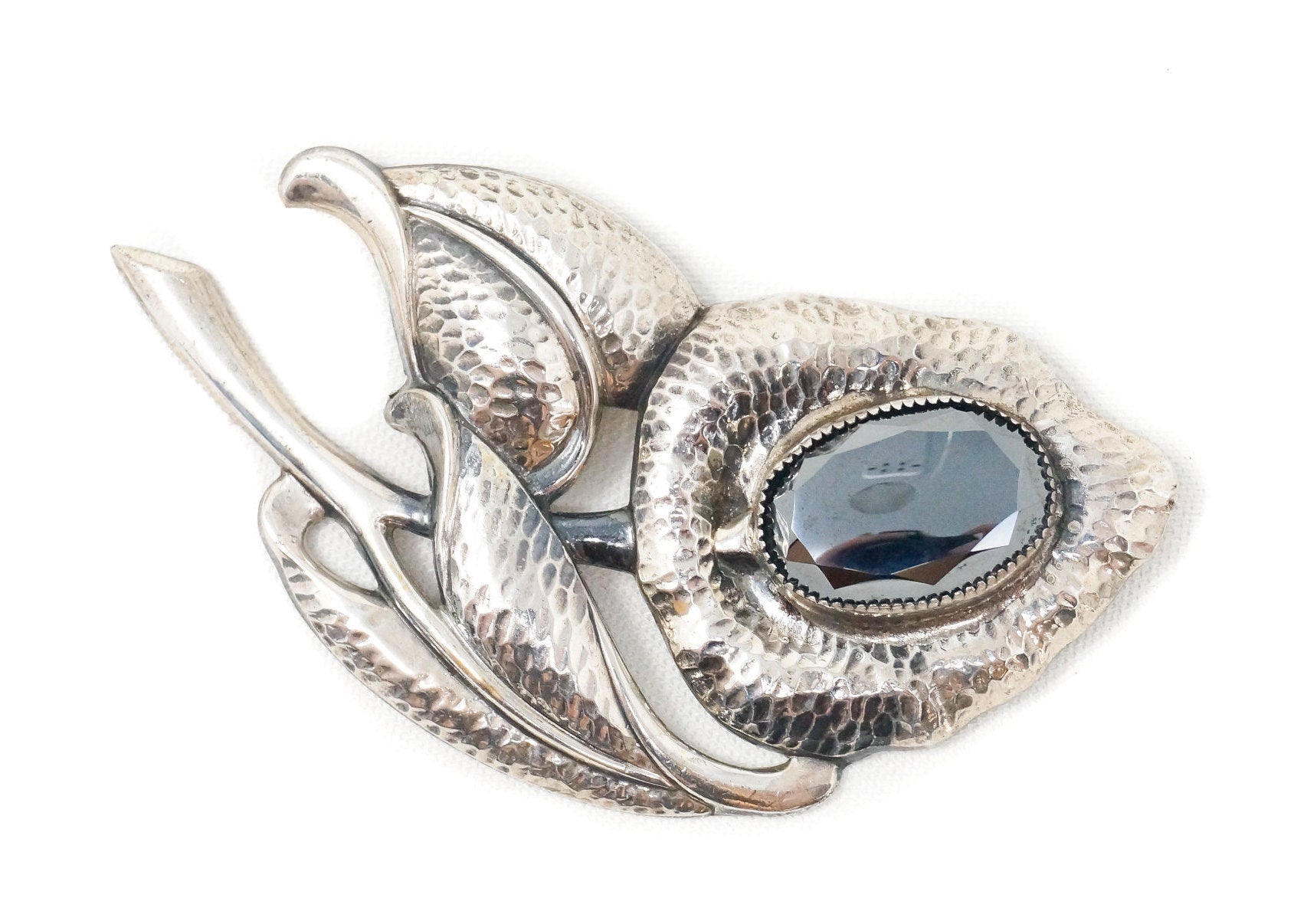 Vtg Designer Danecraft Large Hematite Sterling Silver Flower Motif Pin Brooch