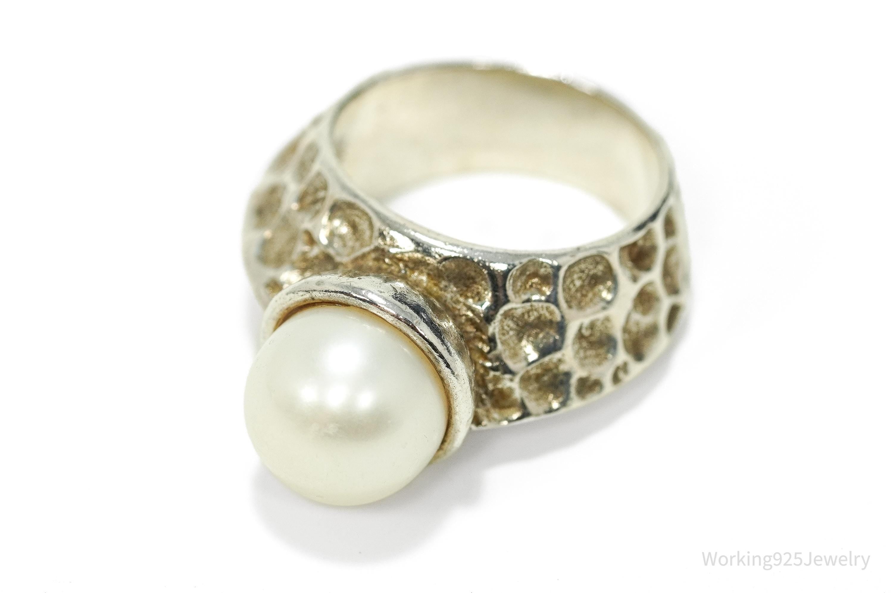 Vintage Pearl Modernist Style Sterling Silver Ring - Size 7.25