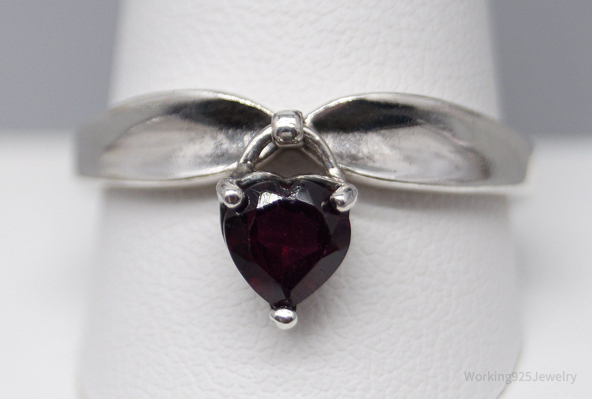 Vintage Avon Garnet Heart Charm Sterling Silver Ring - Size 11